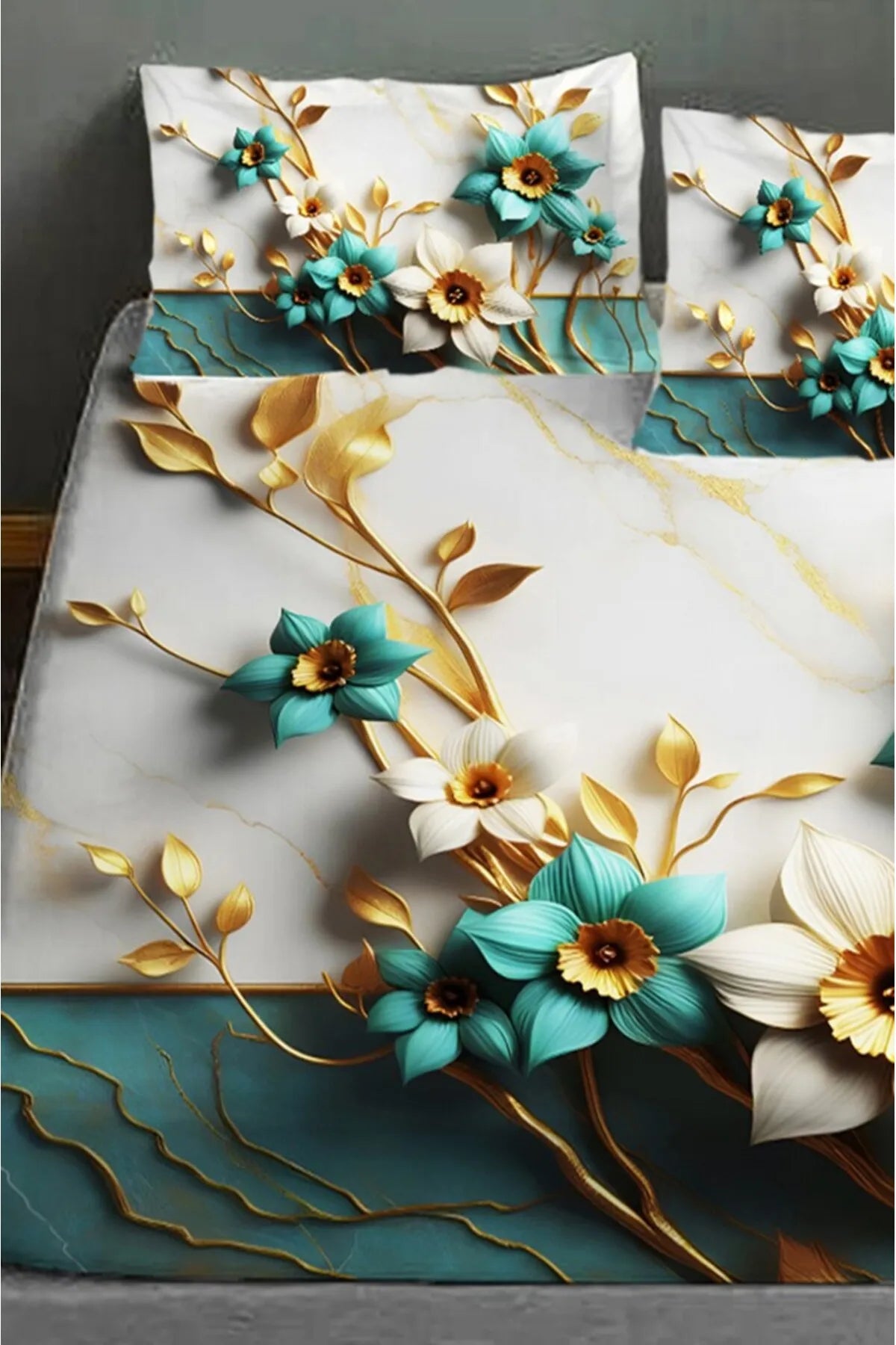 %100 Pamuk Lastikli Çarşaf Özel Tasarım 5D Dijital 60 Tel Turkuaz