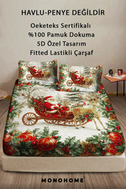 %100 Pamuk Yılbaşı Lastikli Çarşaf Özel Tasarım 5D Dijital 60 Tell Merry Christmas