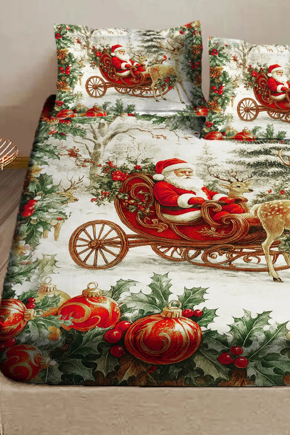 %100 Pamuk Yılbaşı Lastikli Çarşaf Özel Tasarım 5D Dijital 60 Tell Merry Christmas