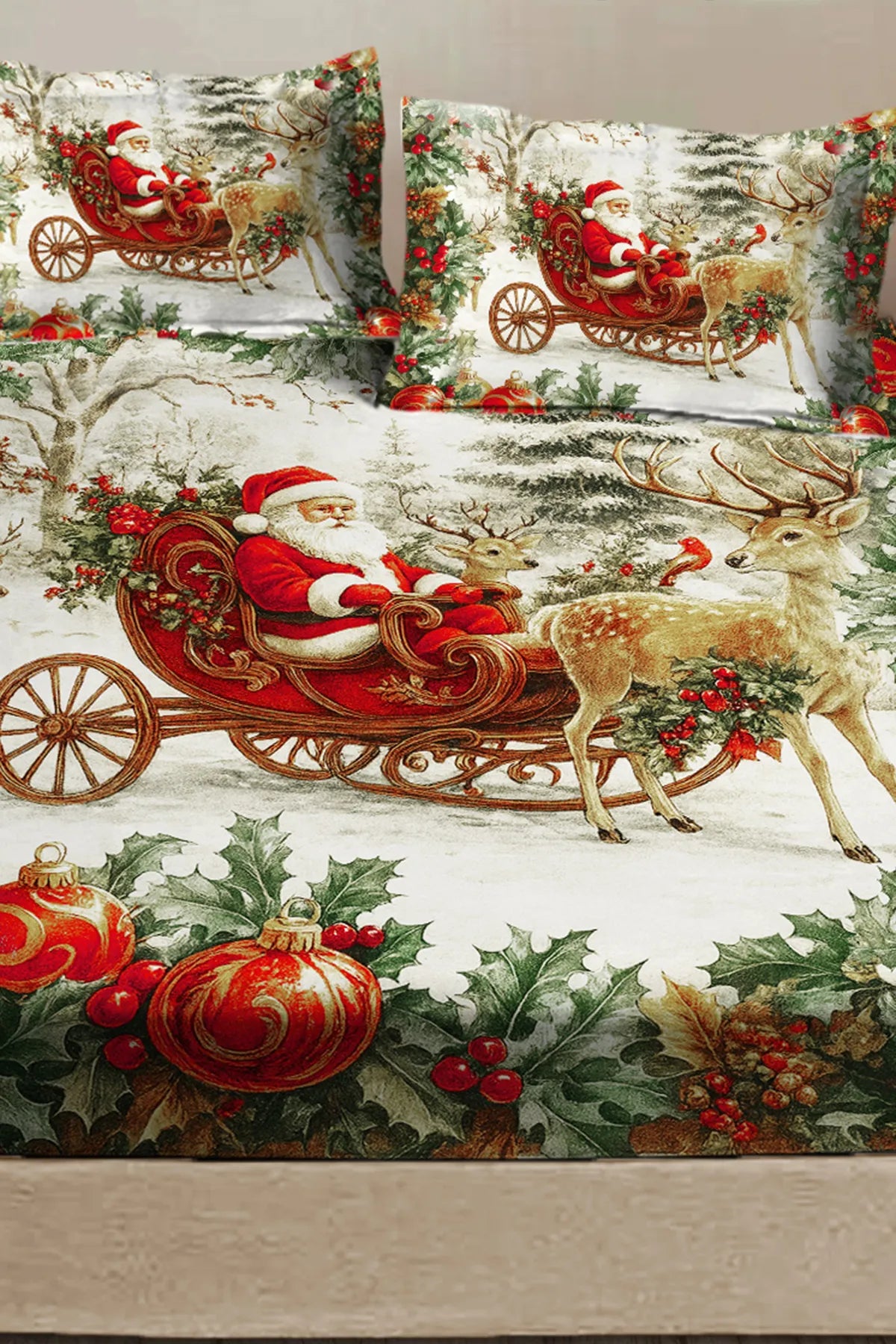 %100 Pamuk Yılbaşı Lastikli Çarşaf Özel Tasarım 5D Dijital 60 Tell Merry Christmas