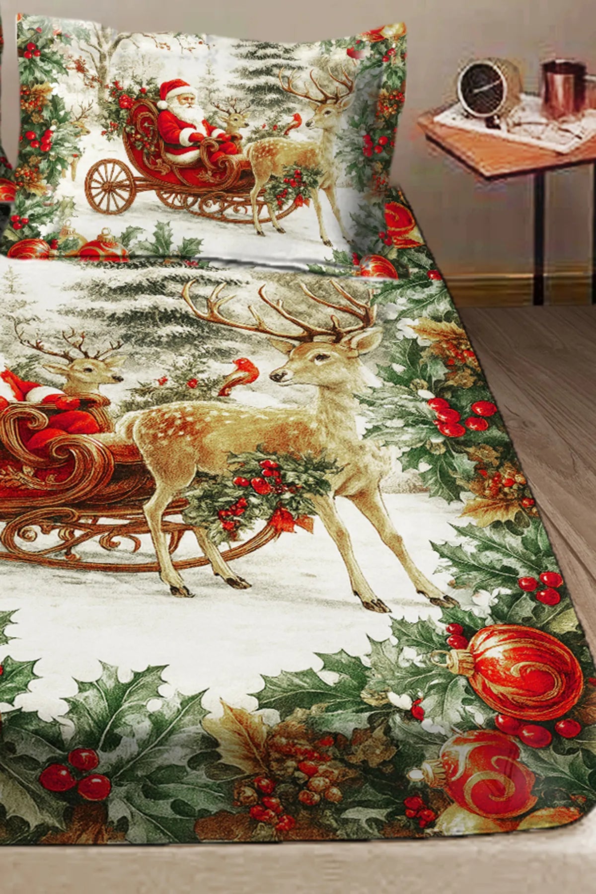 %100 Pamuk Yılbaşı Lastikli Çarşaf Özel Tasarım 5D Dijital 60 Tell Merry Christmas