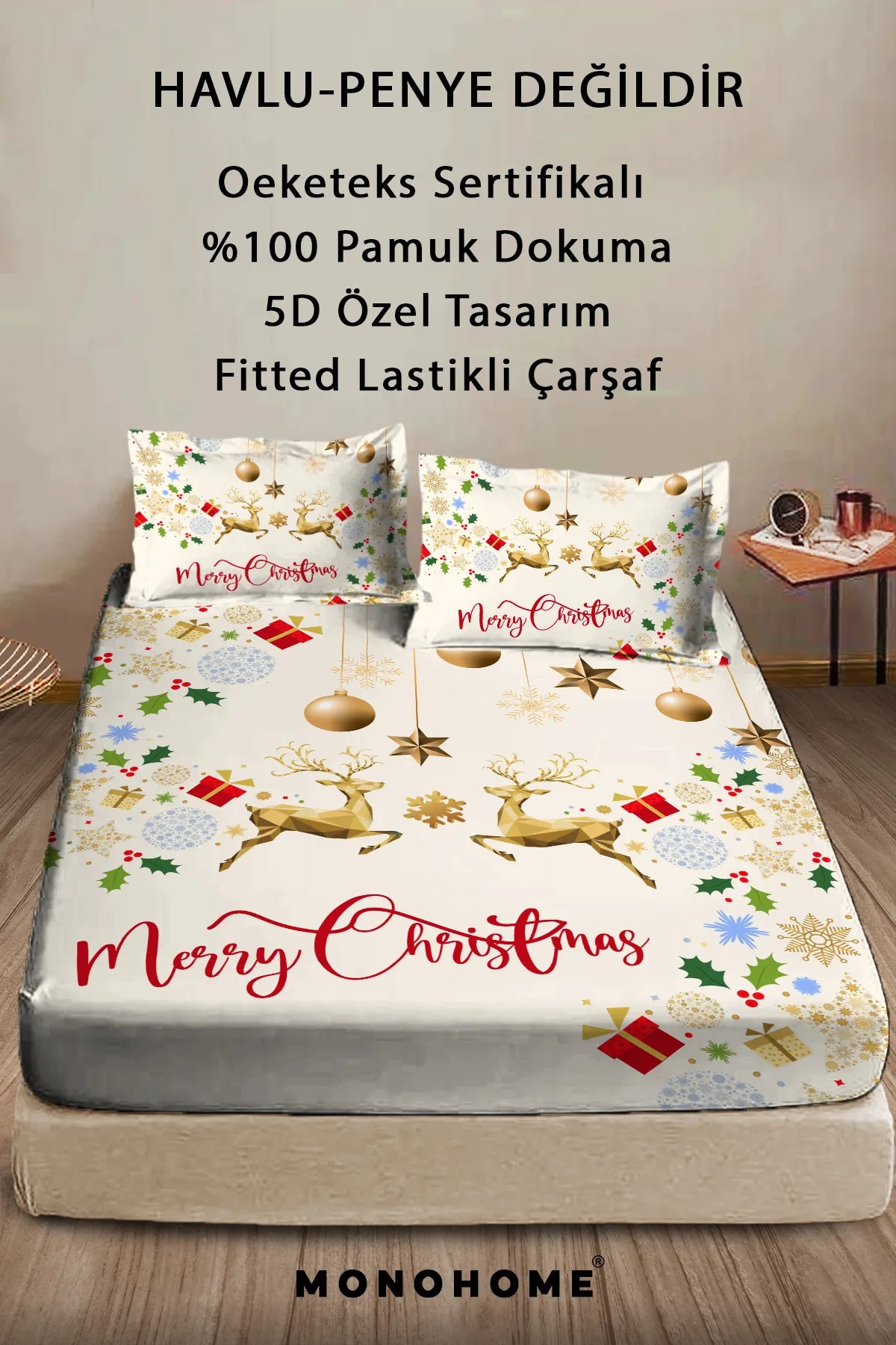 %100 Pamuk Yılbaşı Lastikli Çarşaf Özel Tasarım 5D Dijital 60 Tell Red Merry Christmas