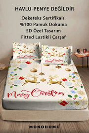 %100 Pamuk Yılbaşı Lastikli Çarşaf Özel Tasarım 5D Dijital 60 Tell Red Merry Christmas