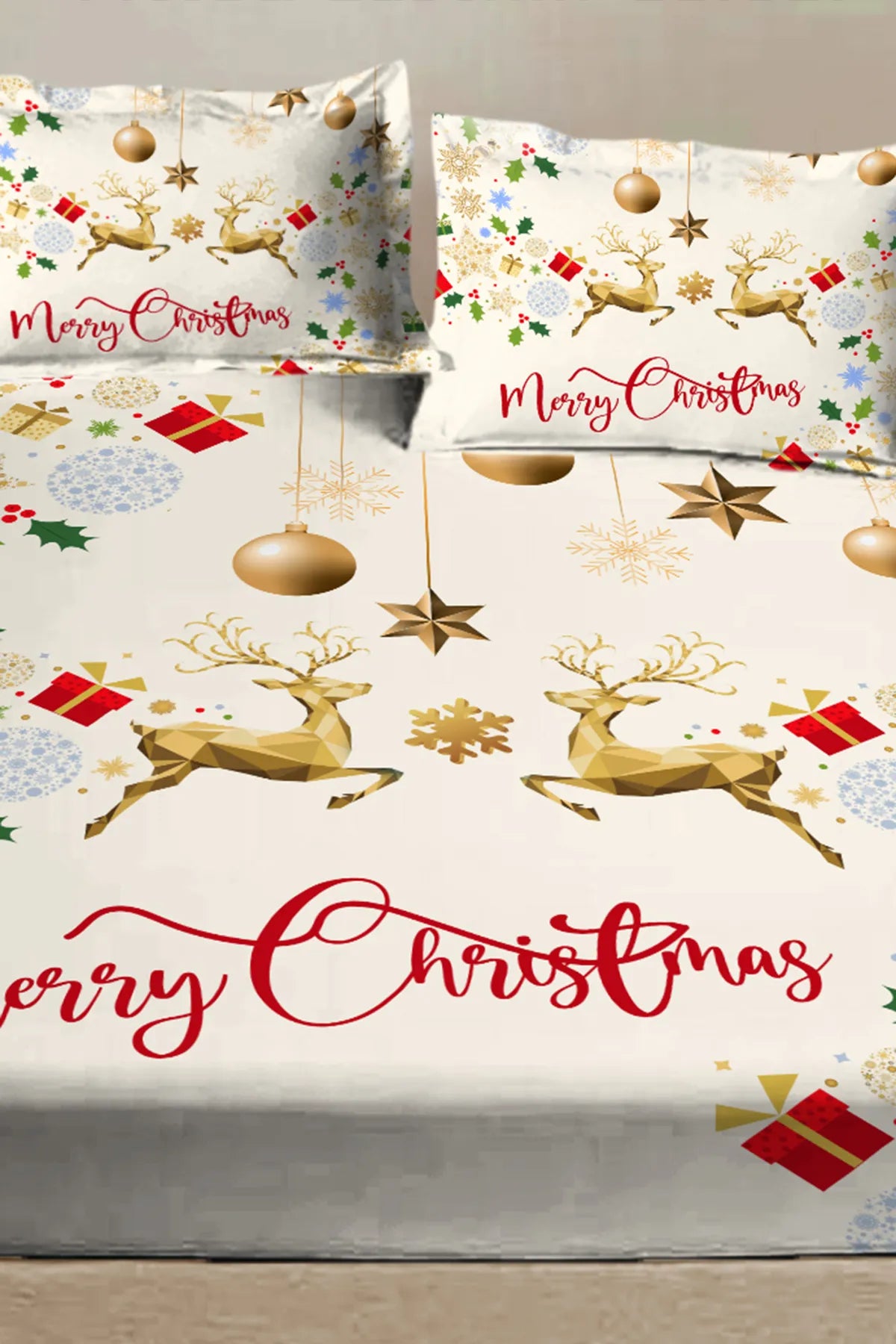 %100 Pamuk Yılbaşı Lastikli Çarşaf Özel Tasarım 5D Dijital 60 Tell Red Merry Christmas