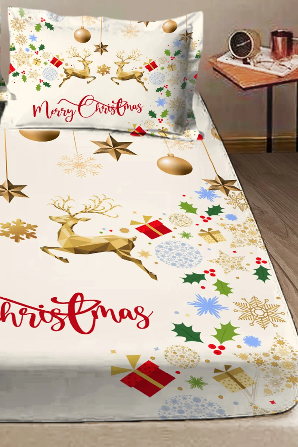%100 Pamuk Yılbaşı Lastikli Çarşaf Özel Tasarım 5D Dijital 60 Tell Red Merry Christmas