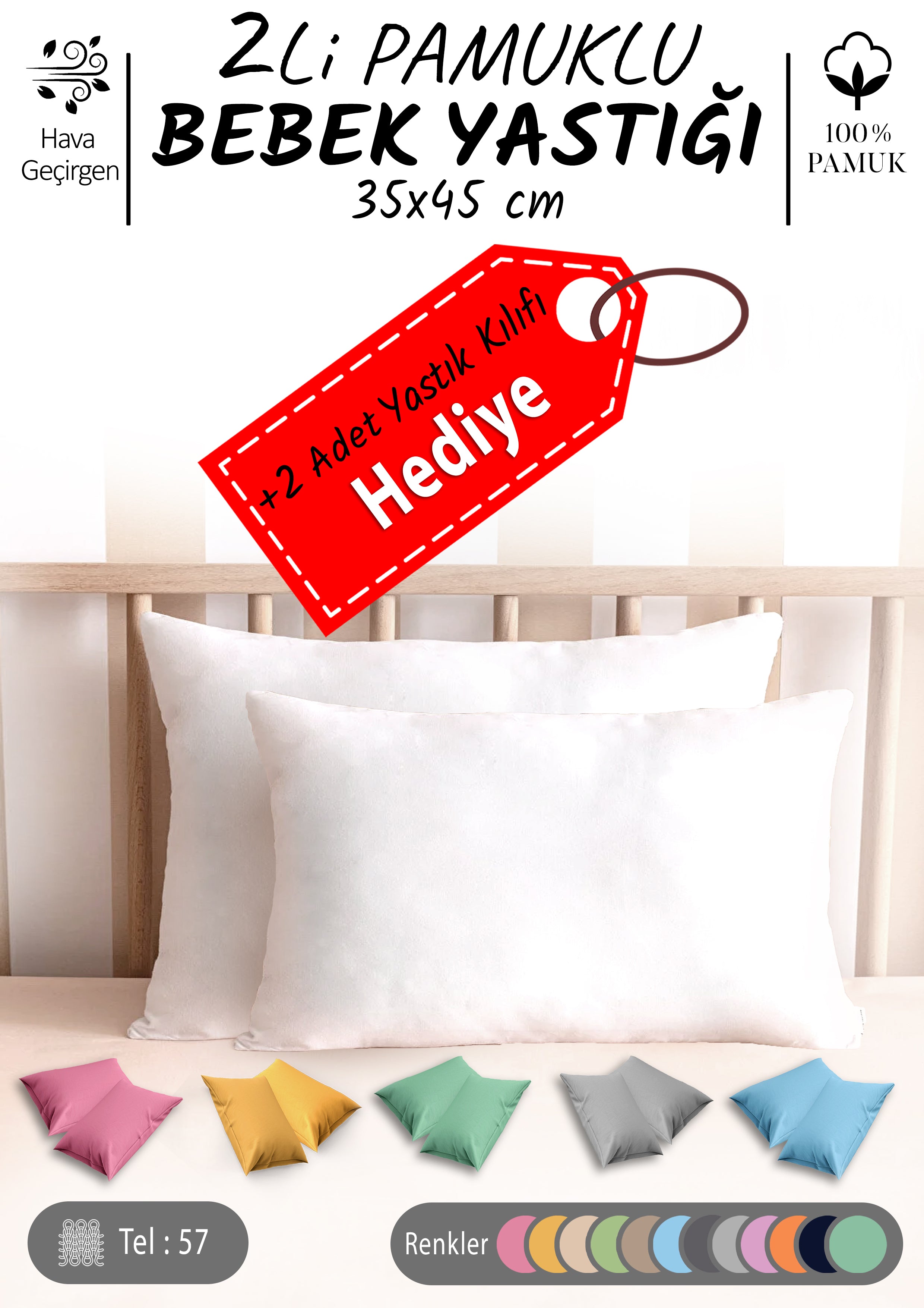 Bebek Yastığı 2’li Set 35×45 cm – %100 Pamuk + 2 Adet Kılıf Hediyesi