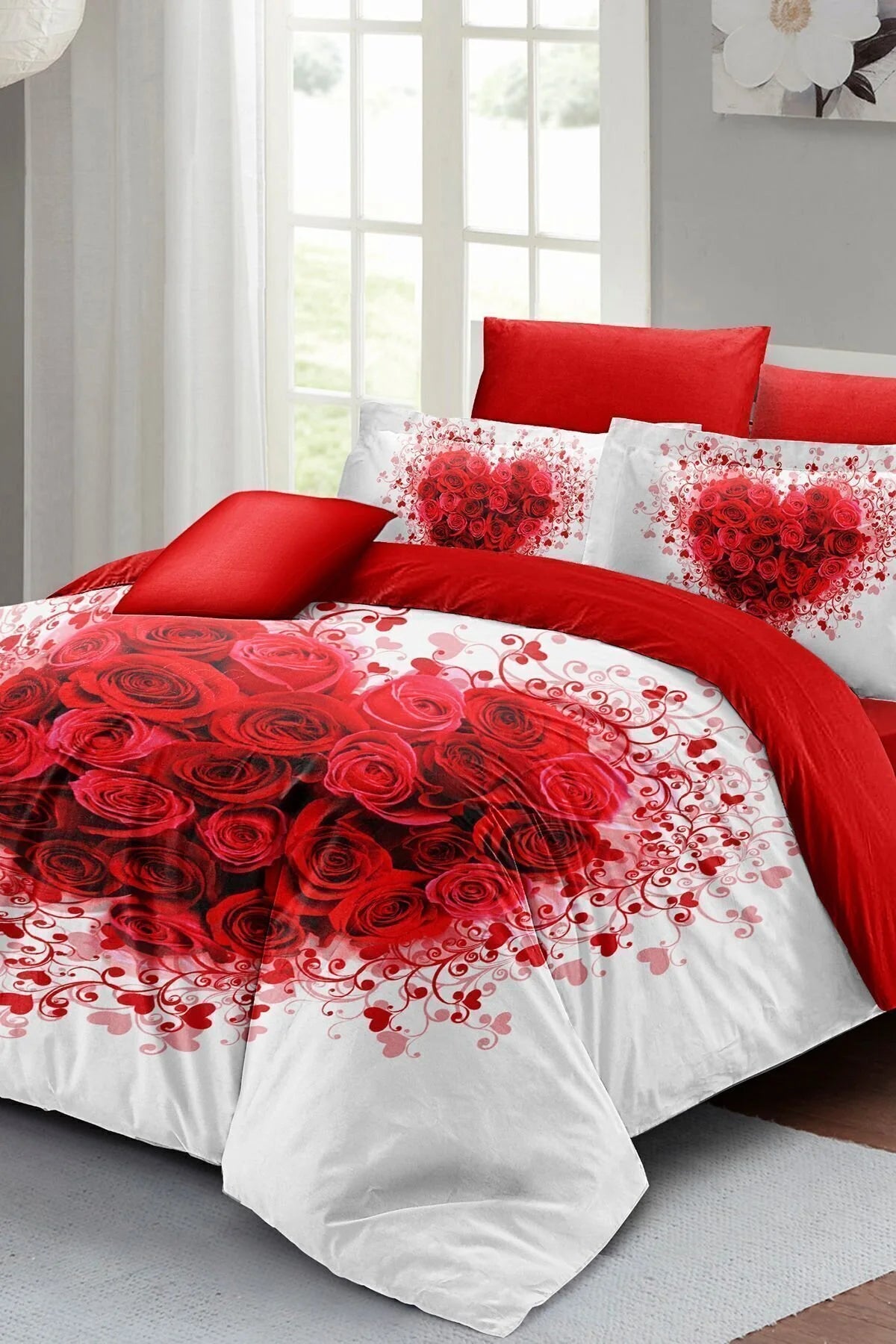 Çeyizlik Premıum Kalpli Pamuk Saten Çift Kişilik Nevresim Takımı - Sevgililer Günü Özel Tasarım