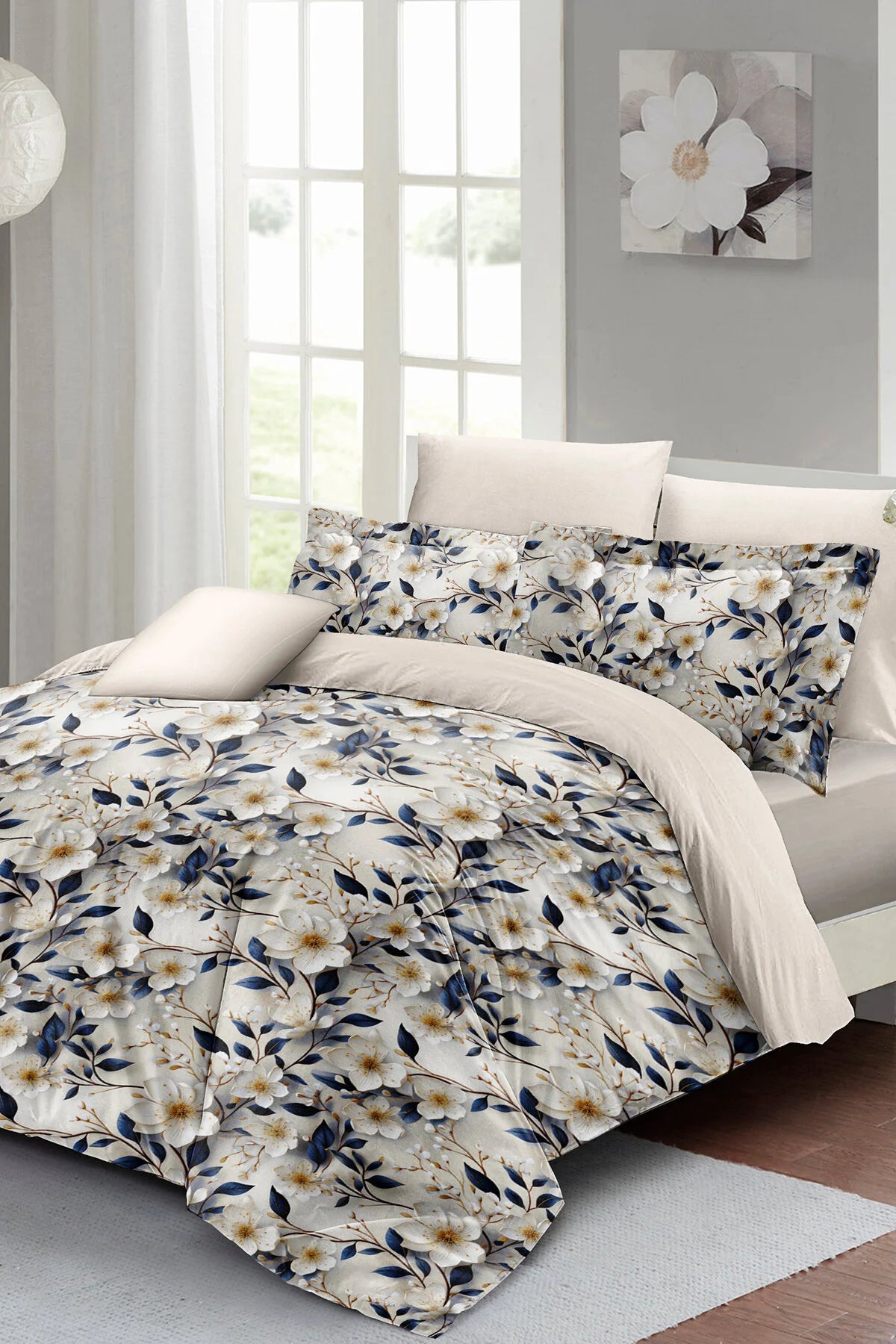 Premıum Pamuk Saten Çift Kişilik Nevresim Takımı Blue Flower