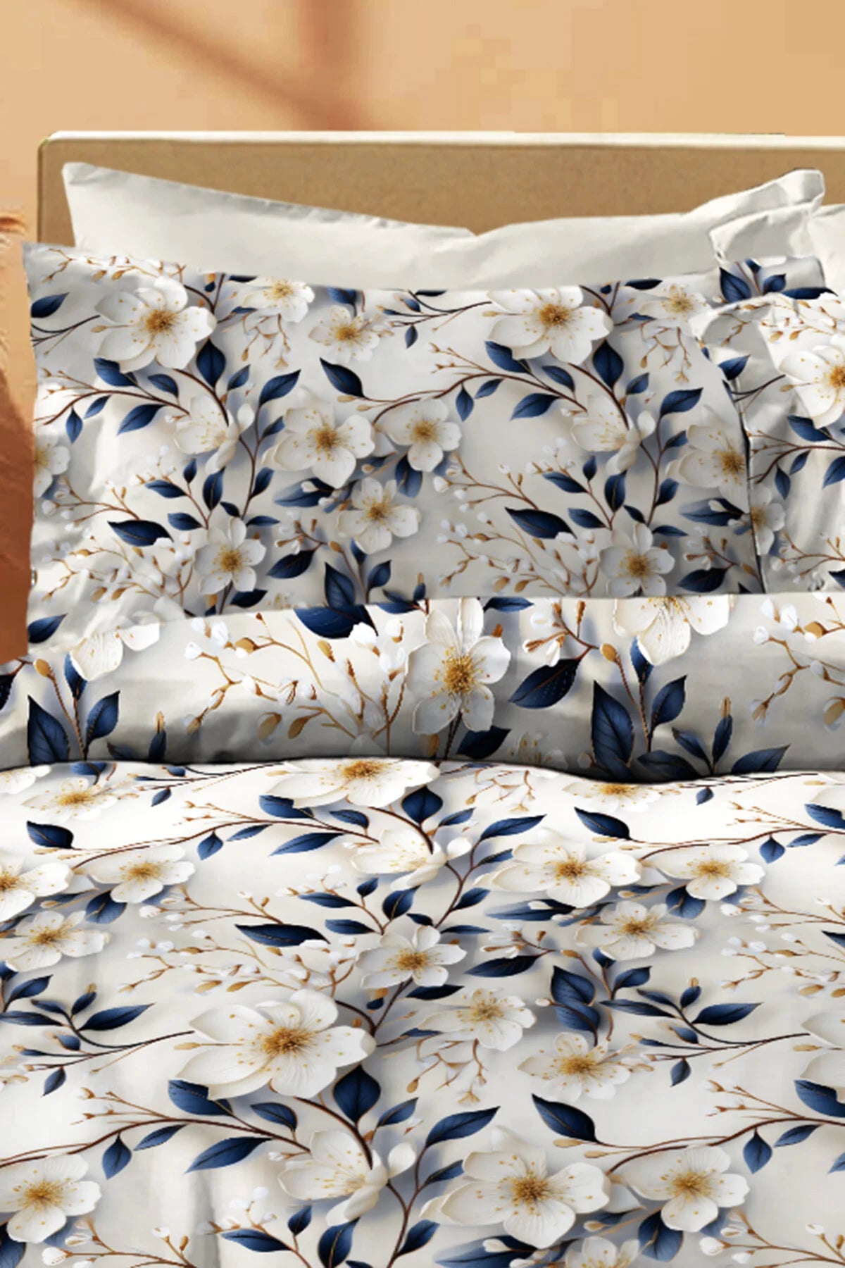 Premıum Pamuk Saten Çift Kişilik Nevresim Takımı Blue Flower