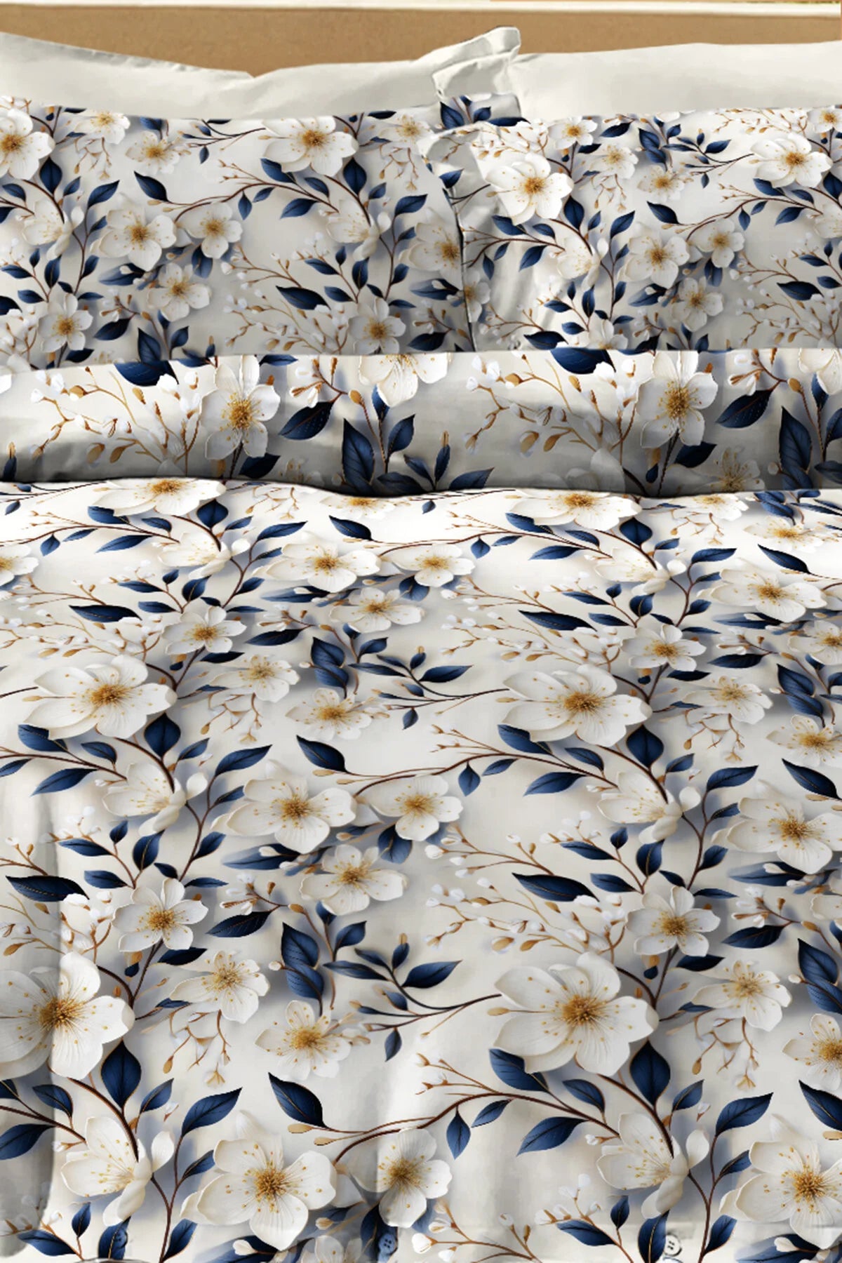 Premıum Pamuk Saten Çift Kişilik Nevresim Takımı Blue Flower