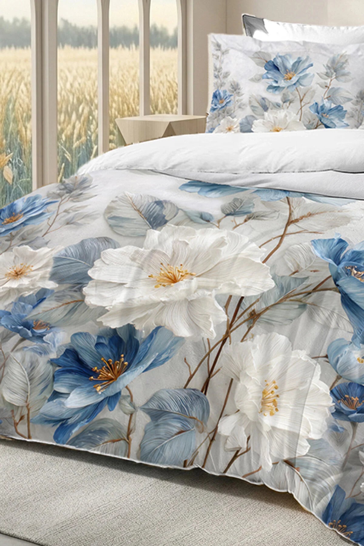 Premıum Pamuk Saten Çift Kişilik Nevresim Takımı Soft Blue
