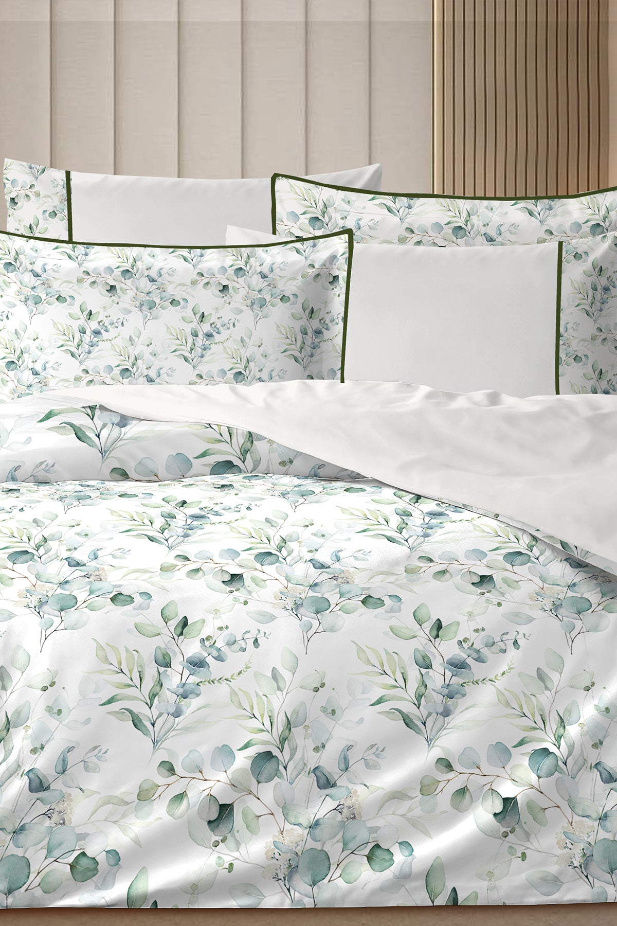 4 YASTIKLI Biyeli %100 Pamuk Percale Nevresim Takımı Çift Kişilik-Premium Özel Üretim Green