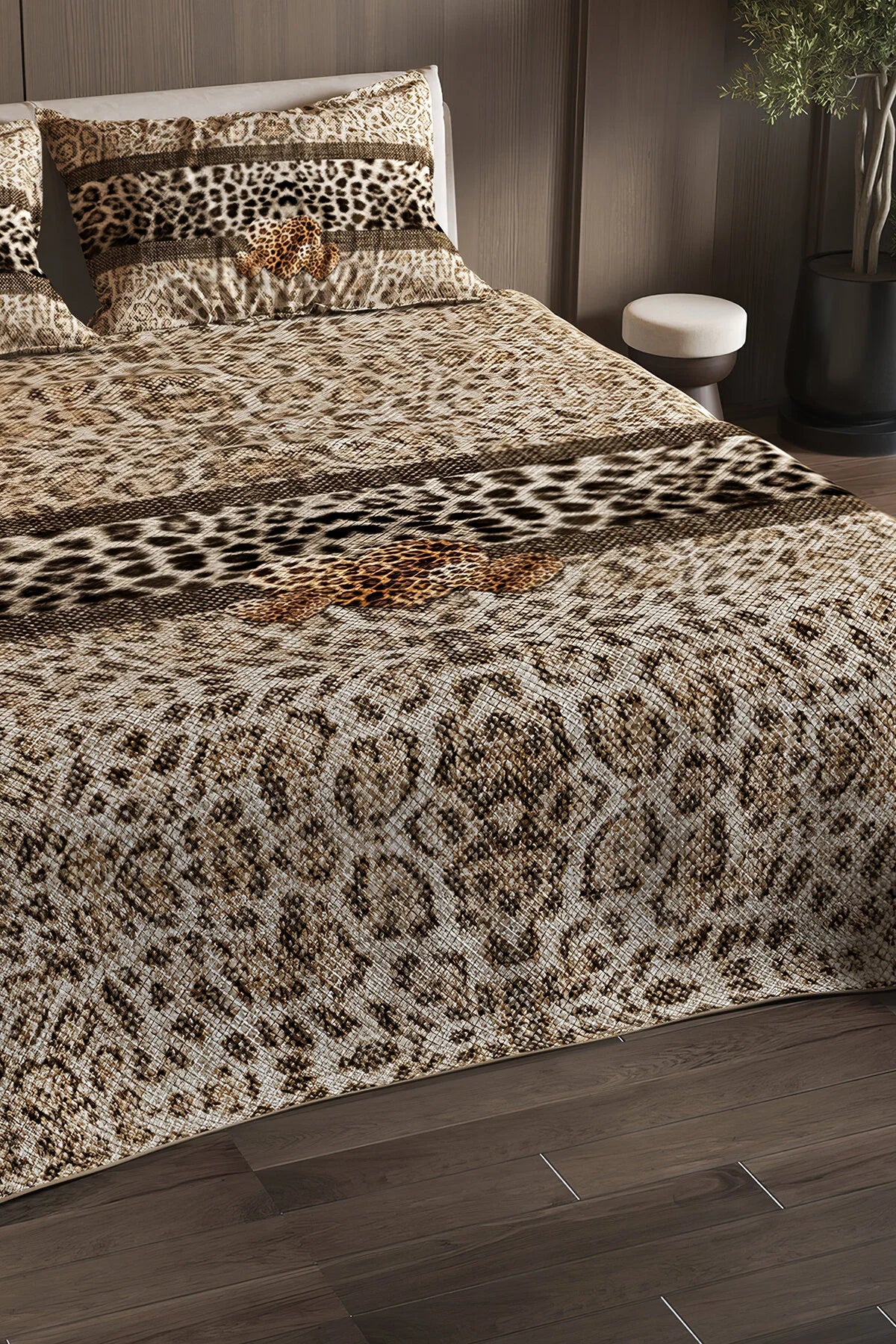 %100 Pamuk Çift Kişilik Pike Takımı Yatak Örtüsü Özel Dokuma Leopar Fabric