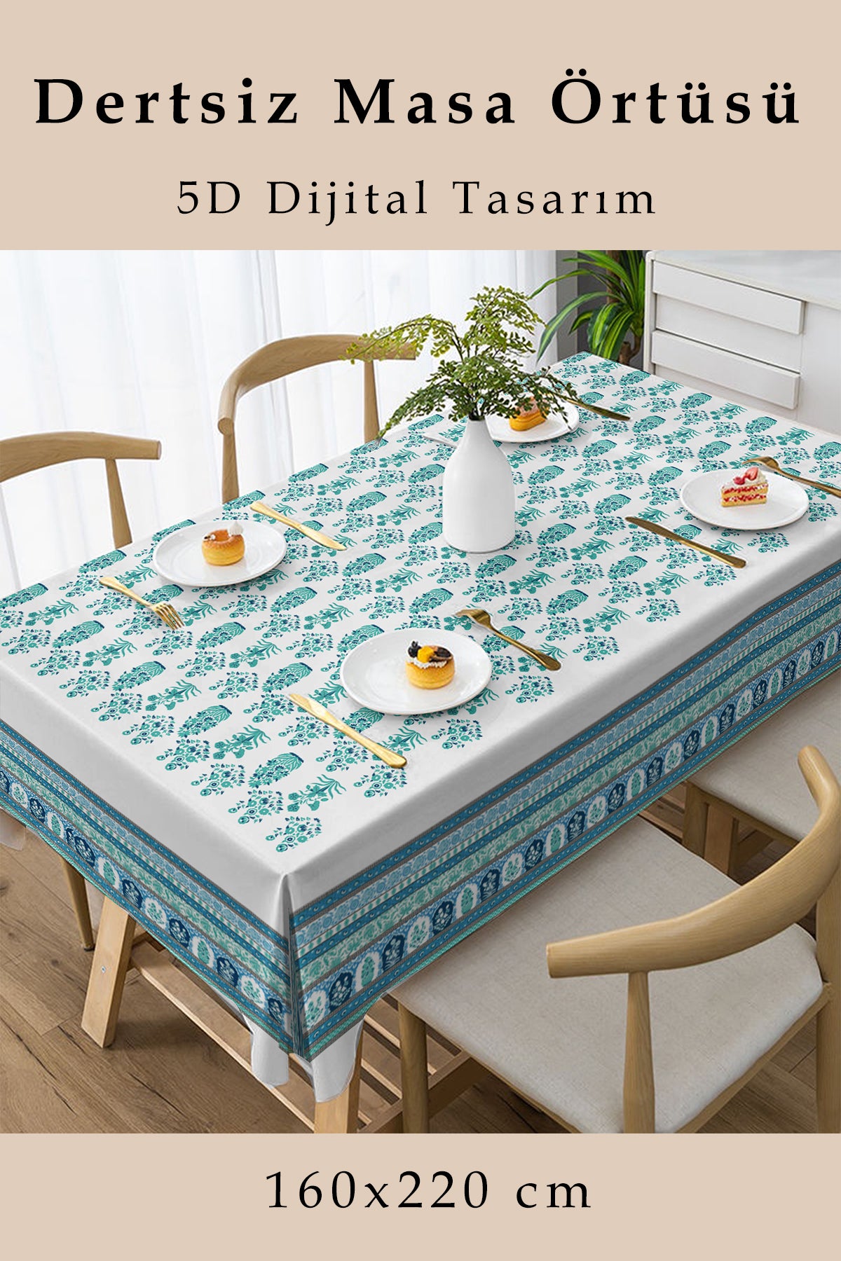 Masa örtüsü meyveli 5D Dijital Tasarım- Dertsiz kumaş Şeftali Blue