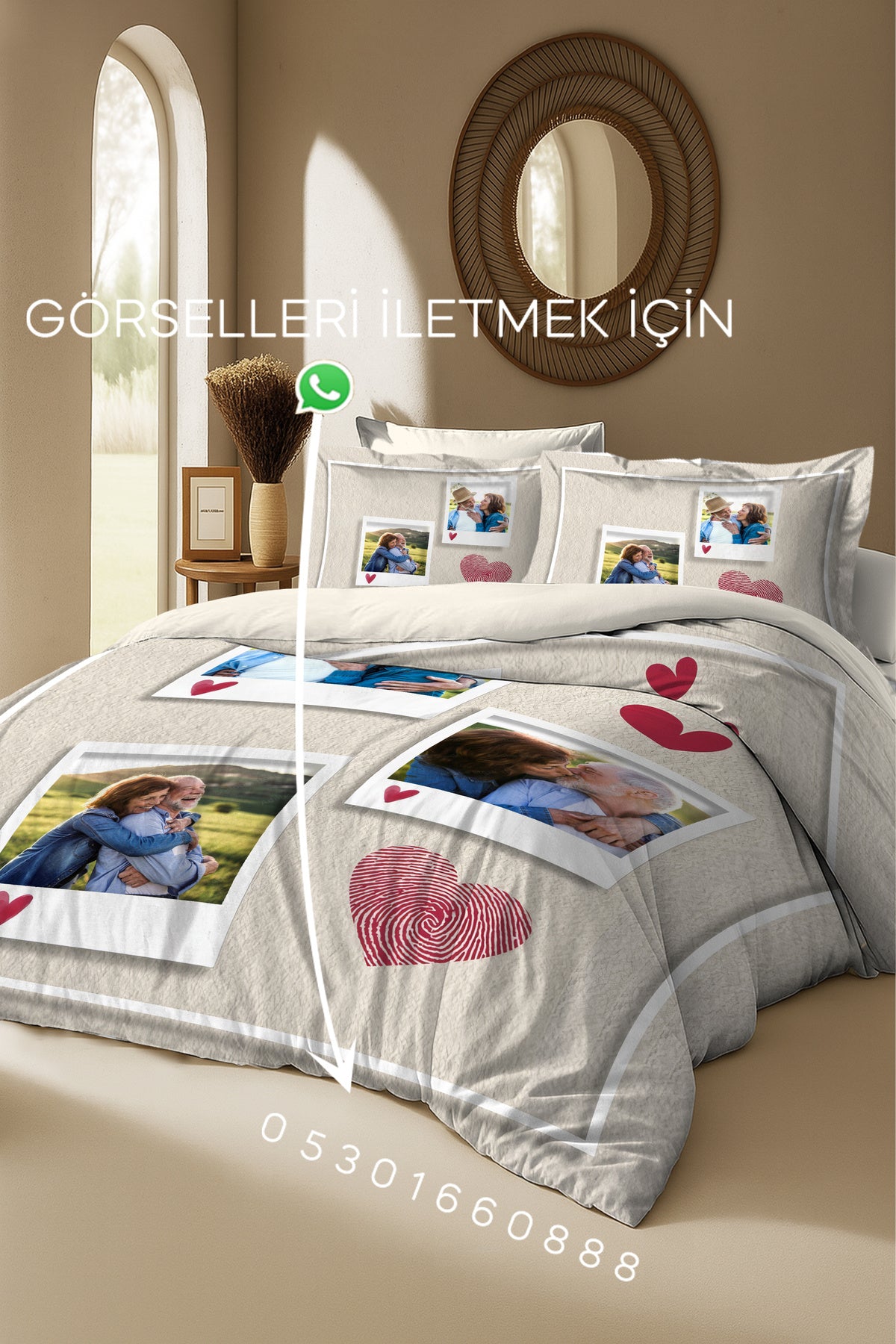 Kişiye Özel Çift Kişilik Nevresim Takımı Pudra Çiçekli Pamuk Saten