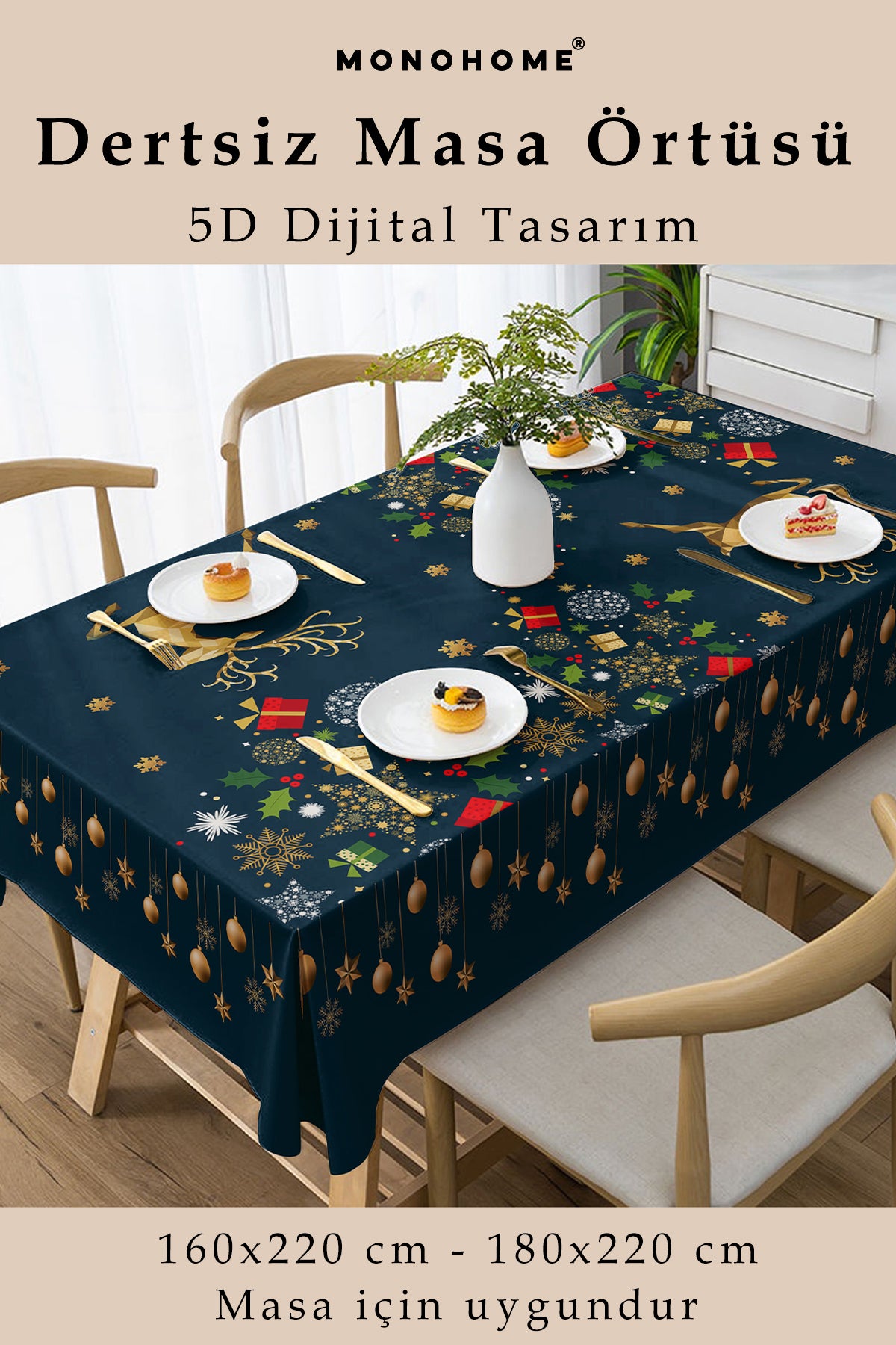 Christmas Masa örtüsü Yılbaşı- 5D Dijital Tasarım Özel Dokuma Deer Noel
