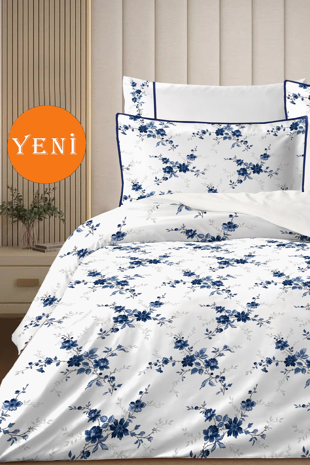 4 YASTIKLI Biyeli %100 Pamuk Percale Nevresim Takımı Çift Kişilik-Premium Özel Üretim Blue
