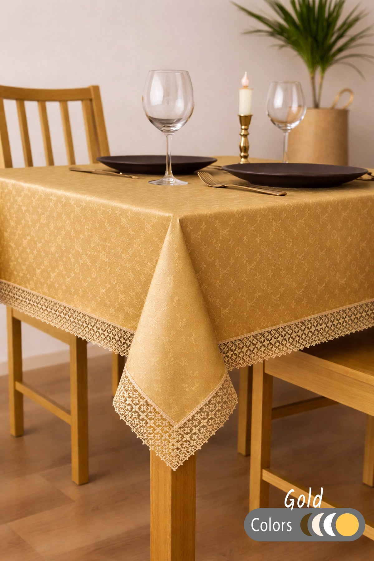 Ütü Gerektirmez & Jakar Dokuma Dertsiz Kumaş – Dantel Detaylı Şık Masa Örtüsü-Gold