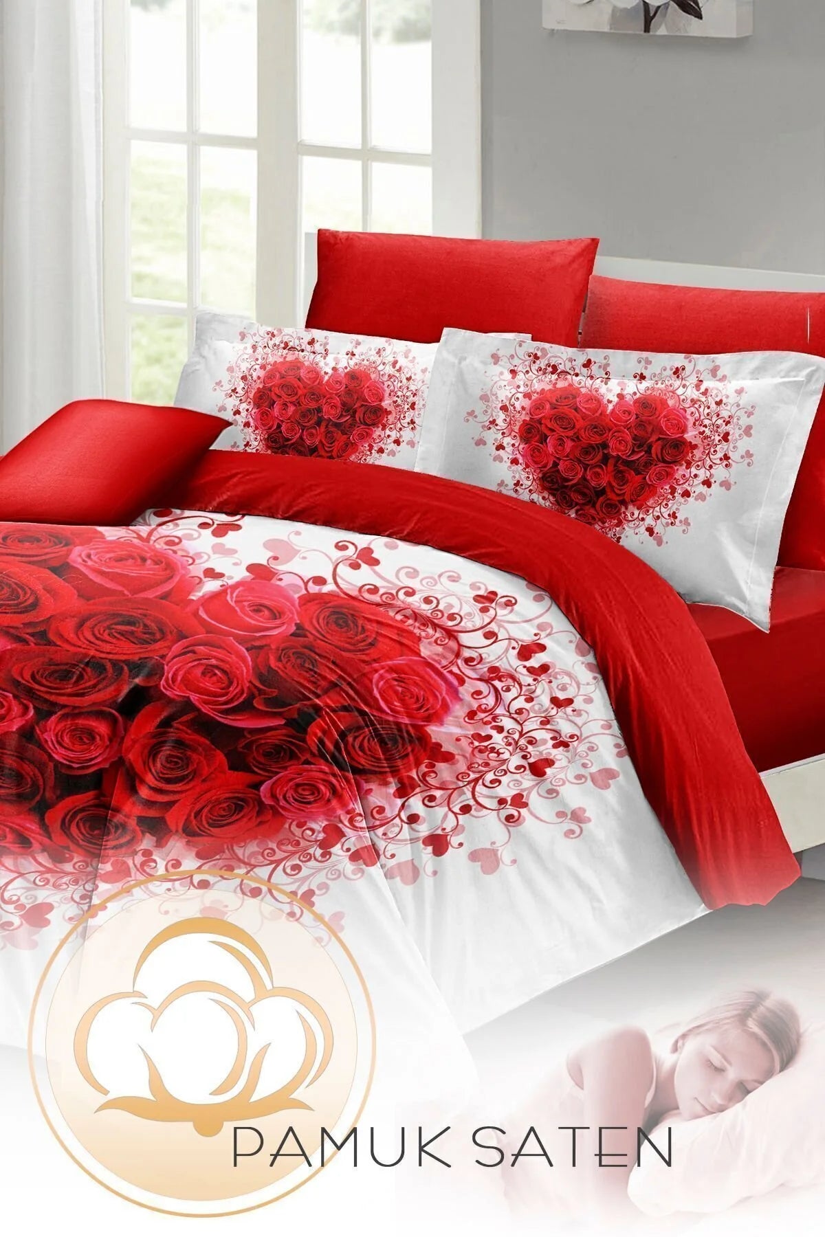 Çeyizlik Premıum Kalpli Pamuk Saten Çift Kişilik Nevresim Takımı - Sevgililer Günü Özel Tasarım