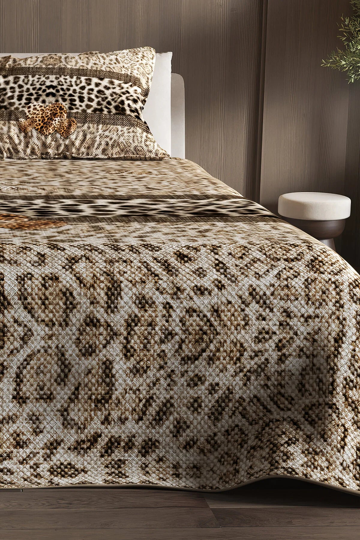 %100 Pamuk Çift Kişilik Pike Takımı Yatak Örtüsü Özel Dokuma Leopar Fabric