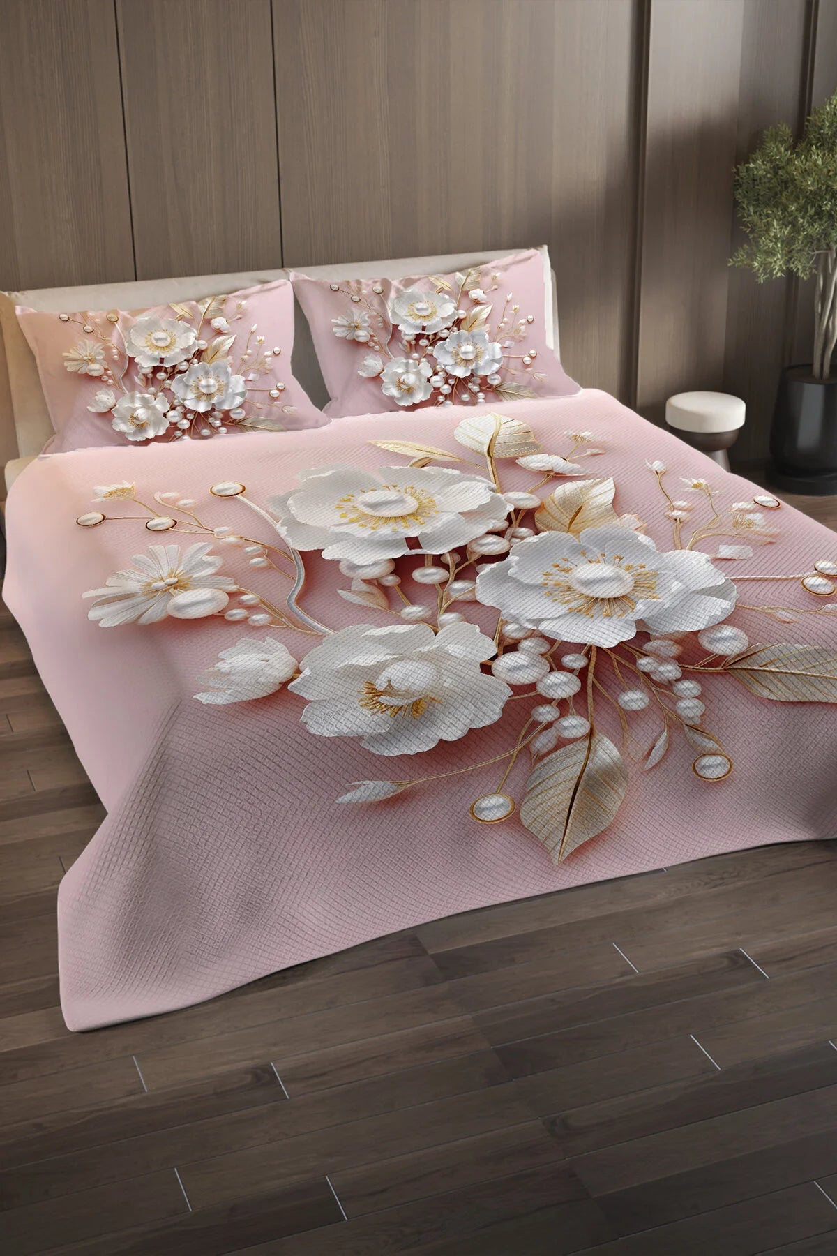 Anneler Günü Hediyesi %100 Pamuk Çift Kişilik Jakar Dokuma Pike Takımı Pink