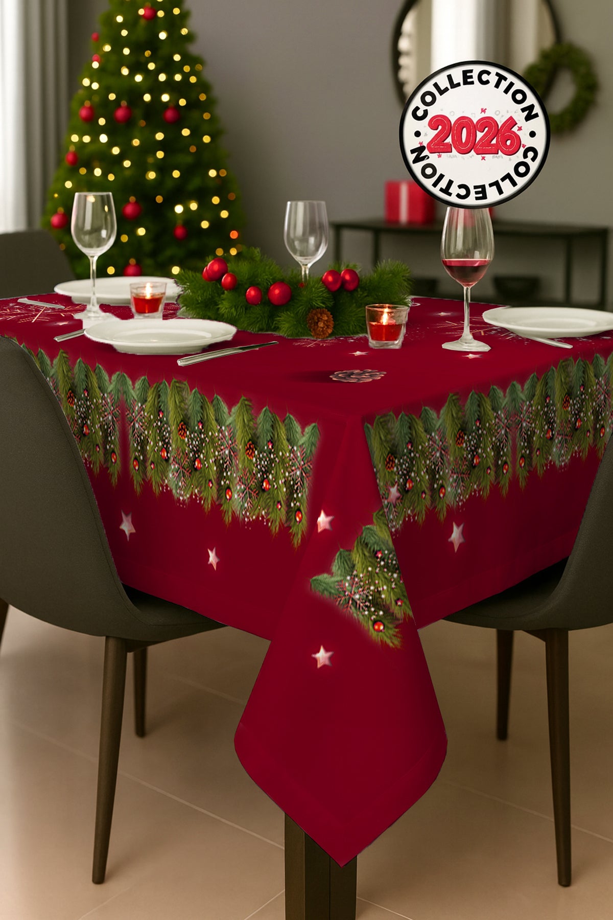 Christmas Masa örtüsü Yılbaşı- 5D Dijital Tasarım Özel Dokuma Red