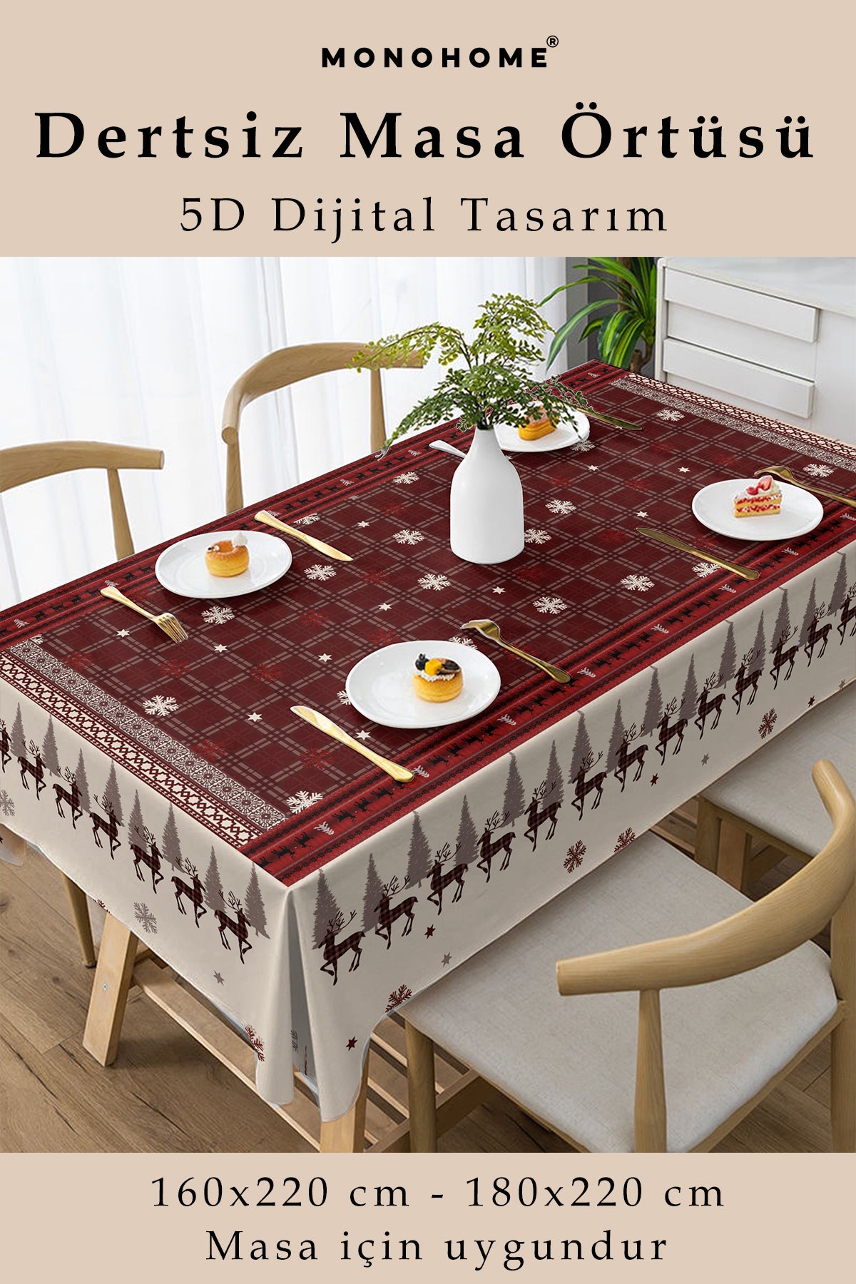 Christmas Masa örtüsü Yılbaşı - 5D Dijital Tasarım Özel Dokuma Red Deers