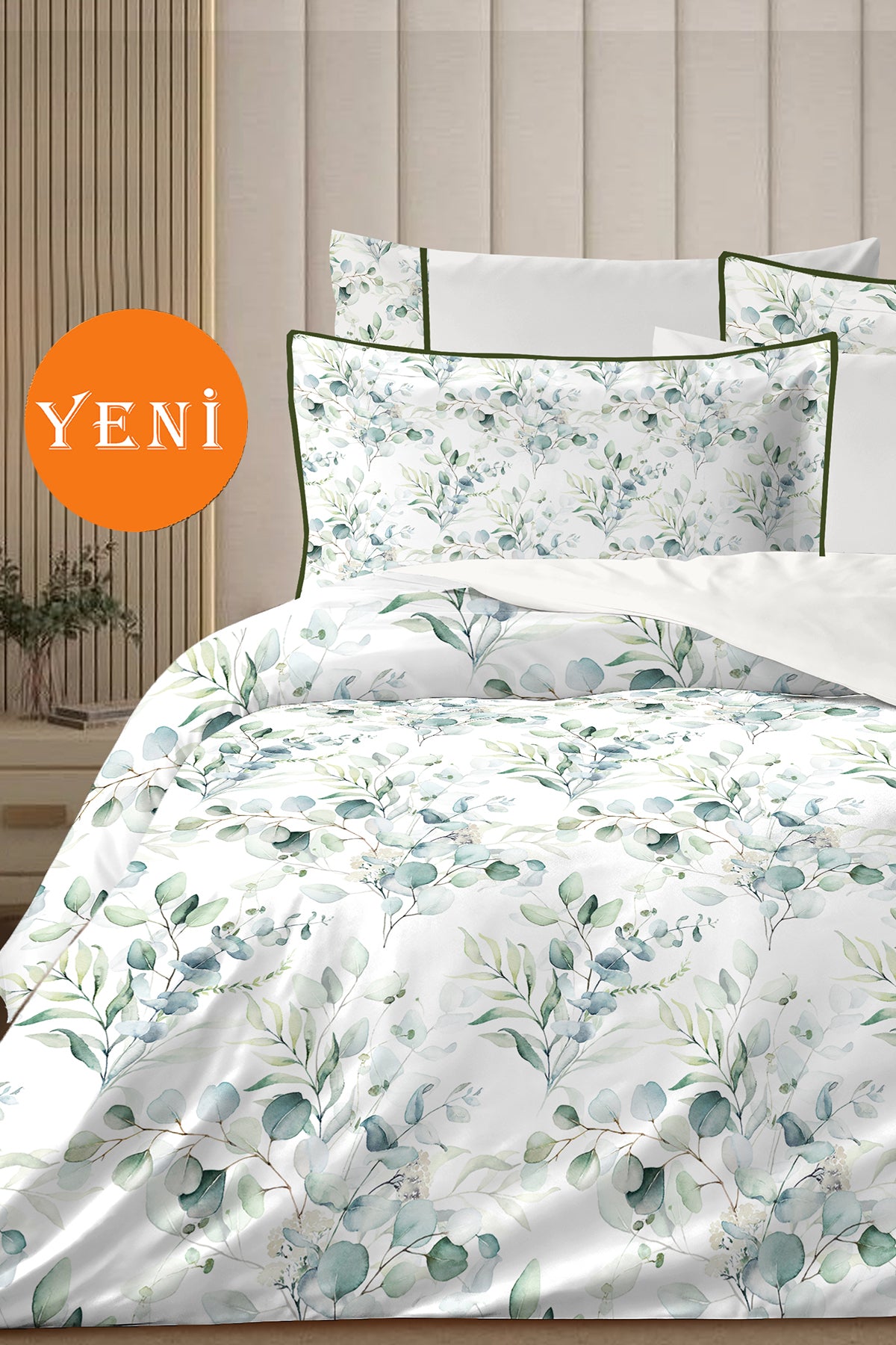 4 YASTIKLI Biyeli %100 Pamuk Percale Nevresim Takımı Çift Kişilik-Premium Özel Üretim Green