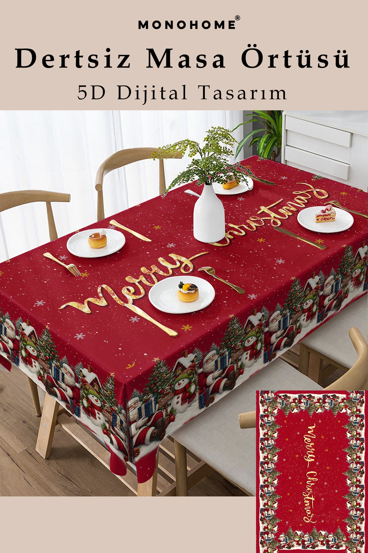 Christmas Masa örtüsü Yılbaşı- 5D Dijital Tasarım Özel Dokuma Merry Christmas Red