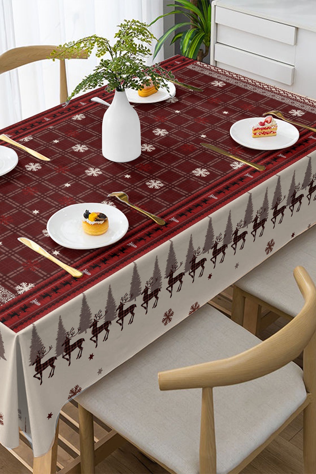 Christmas Masa örtüsü Yılbaşı - 5D Dijital Tasarım Özel Dokuma Red Deers