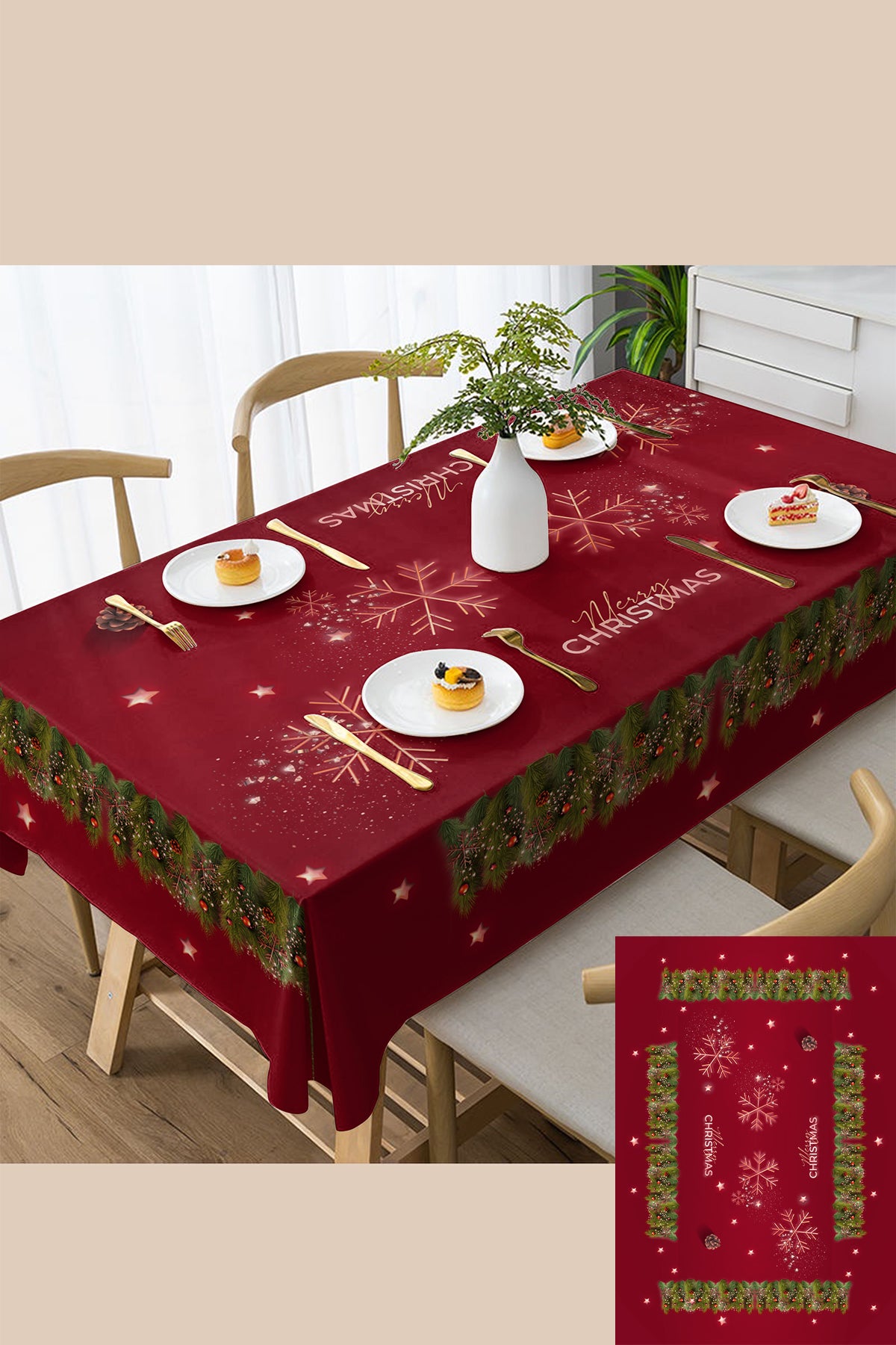 Christmas Masa örtüsü Yılbaşı- 5D Dijital Tasarım Özel Dokuma Red