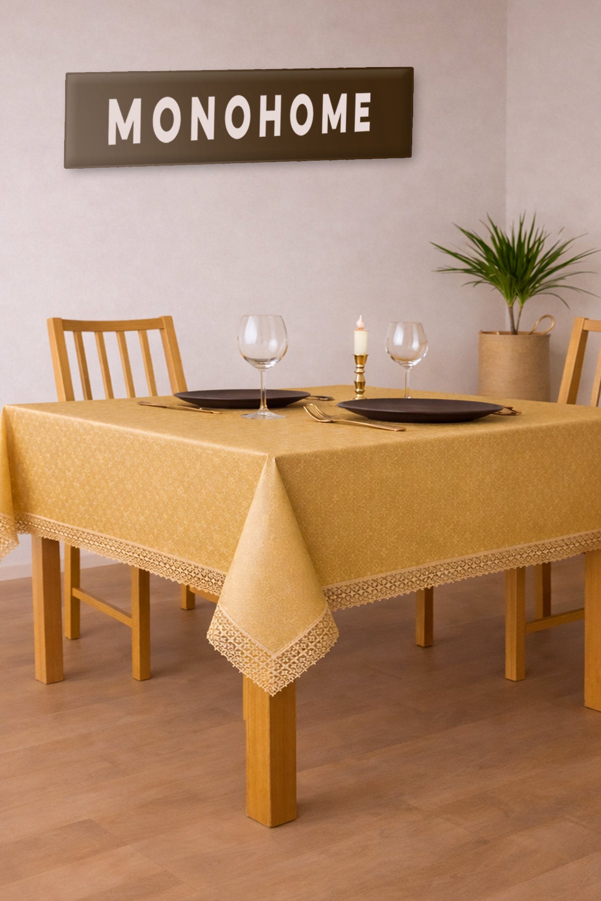 Ütü Gerektirmez & Jakar Dokuma Dertsiz Kumaş – Dantel Detaylı Şık Masa Örtüsü-Gold