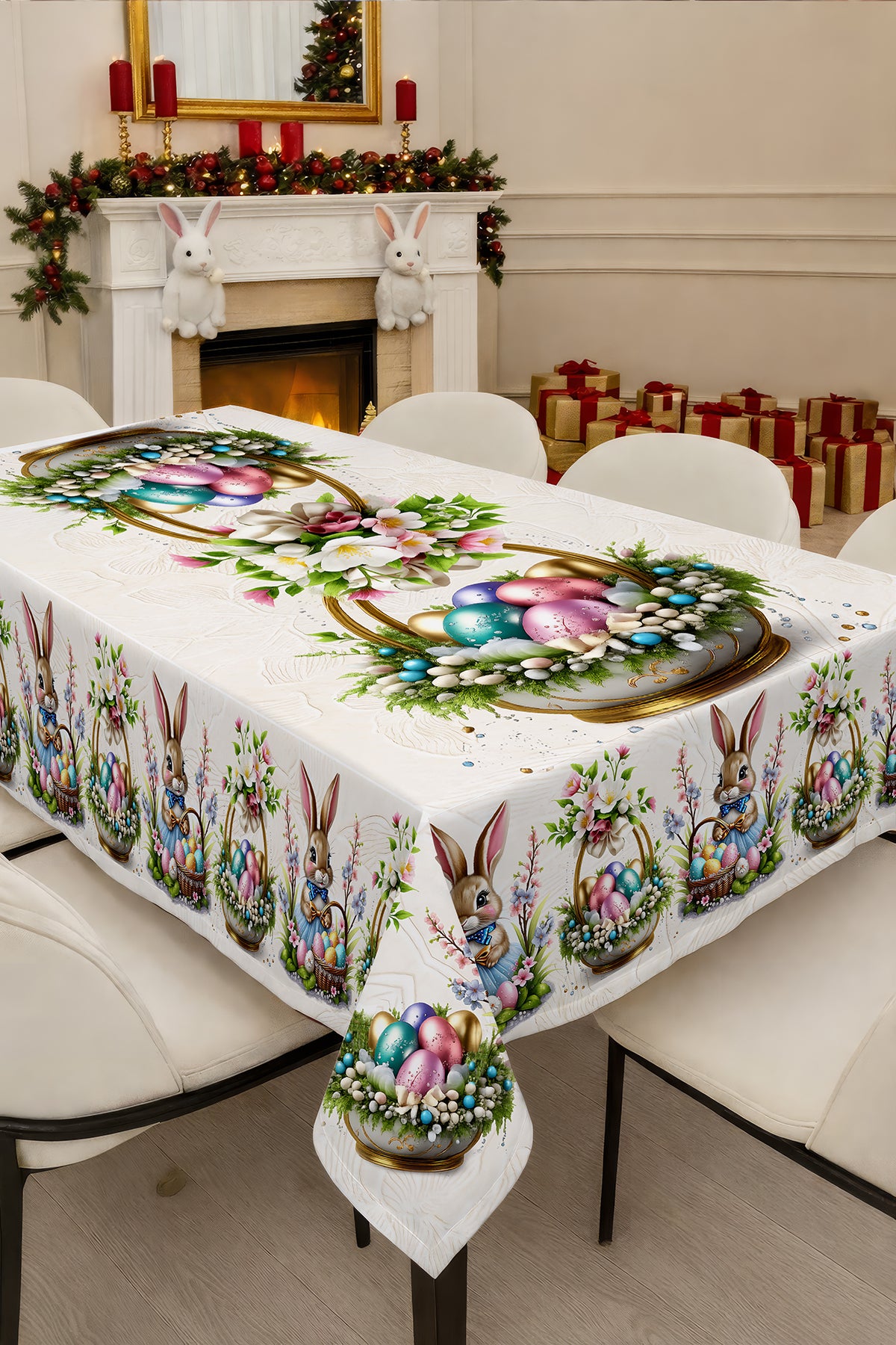 Masa Örtüsü – Paskalya Renkli ve Jakar Dokuma Kumaş Dijital Baskılı