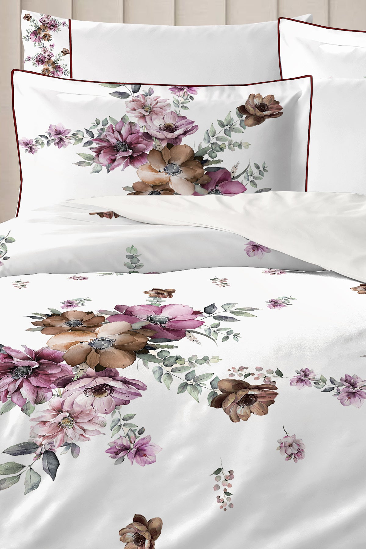 4 YASTIKLI Biyeli %100 Pamuk Percale Nevresim Takımı Çift Kişilik-Premium Özel Üretim Rose
