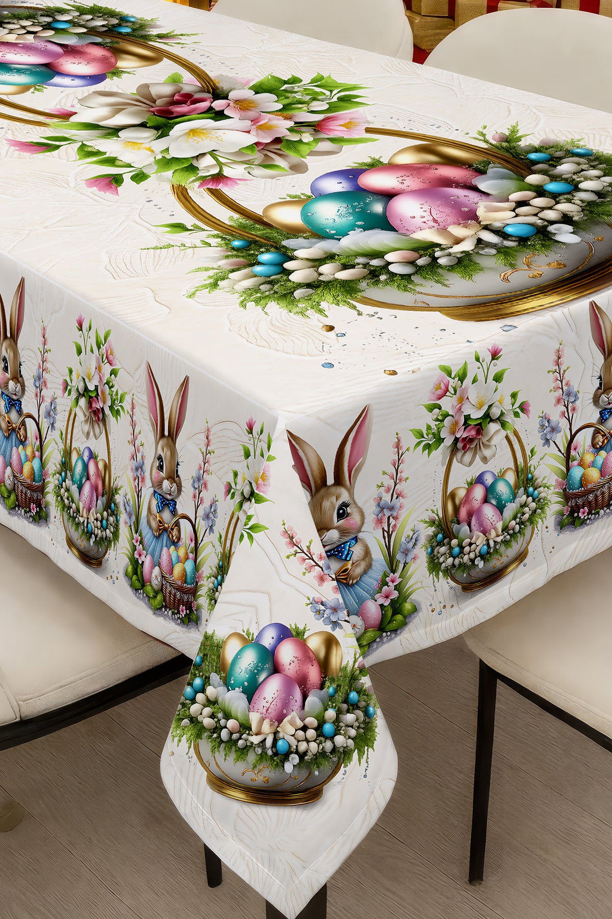 Masa Örtüsü – Paskalya Renkli ve Jakar Dokuma Kumaş Dijital Baskılı