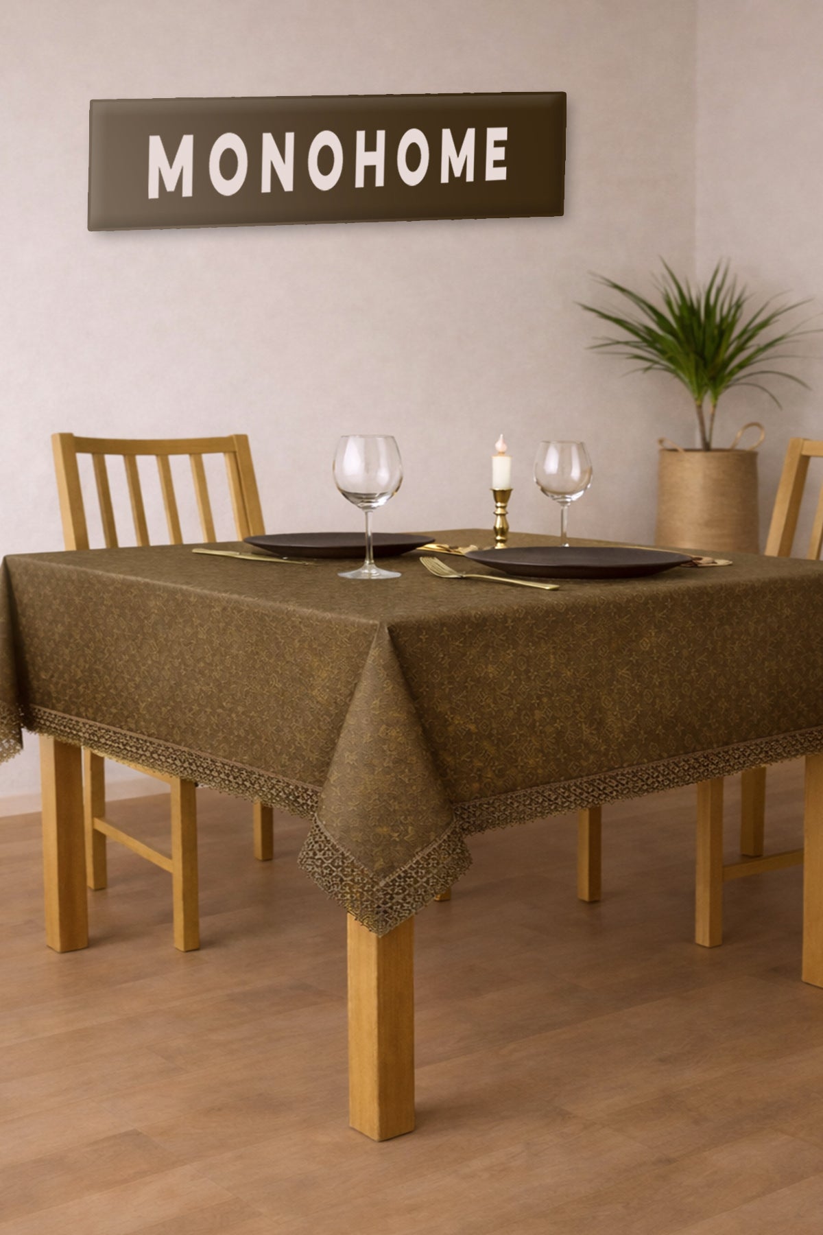 Ütü Gerektirmez & Jakar Dokuma Dertsiz Kumaş – Dantel Detaylı Şık Masa Örtüsü-Kahverengi