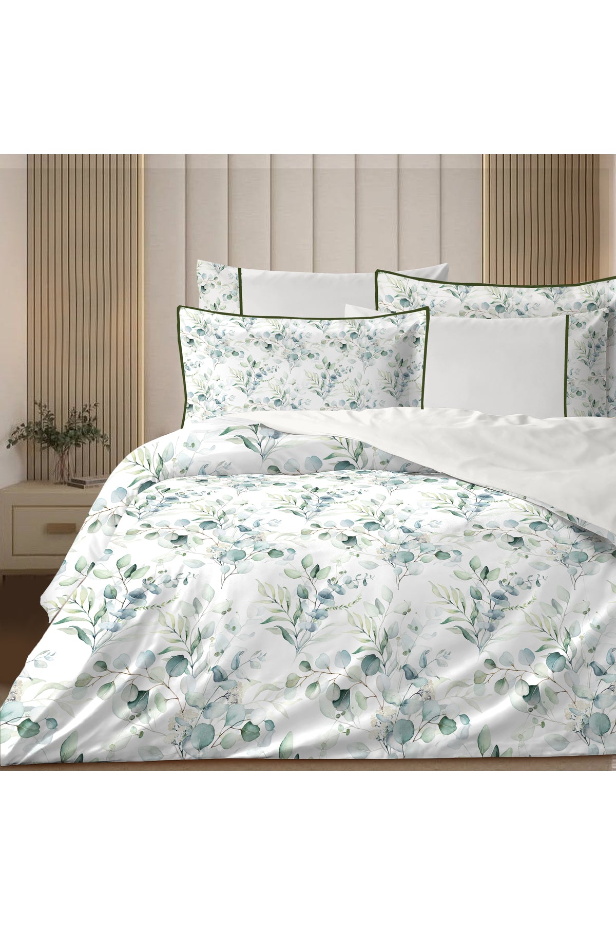 4 YASTIKLI Biyeli %100 Pamuk Percale Nevresim Takımı Çift Kişilik-Premium Özel Üretim Green
