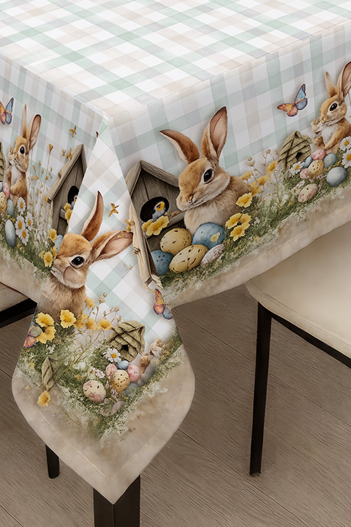 Masa Örtüsü – Paskalya Tavşanı ve Yumurta Desenli Jakar Dokuma Kumaş Dijital Baskılı