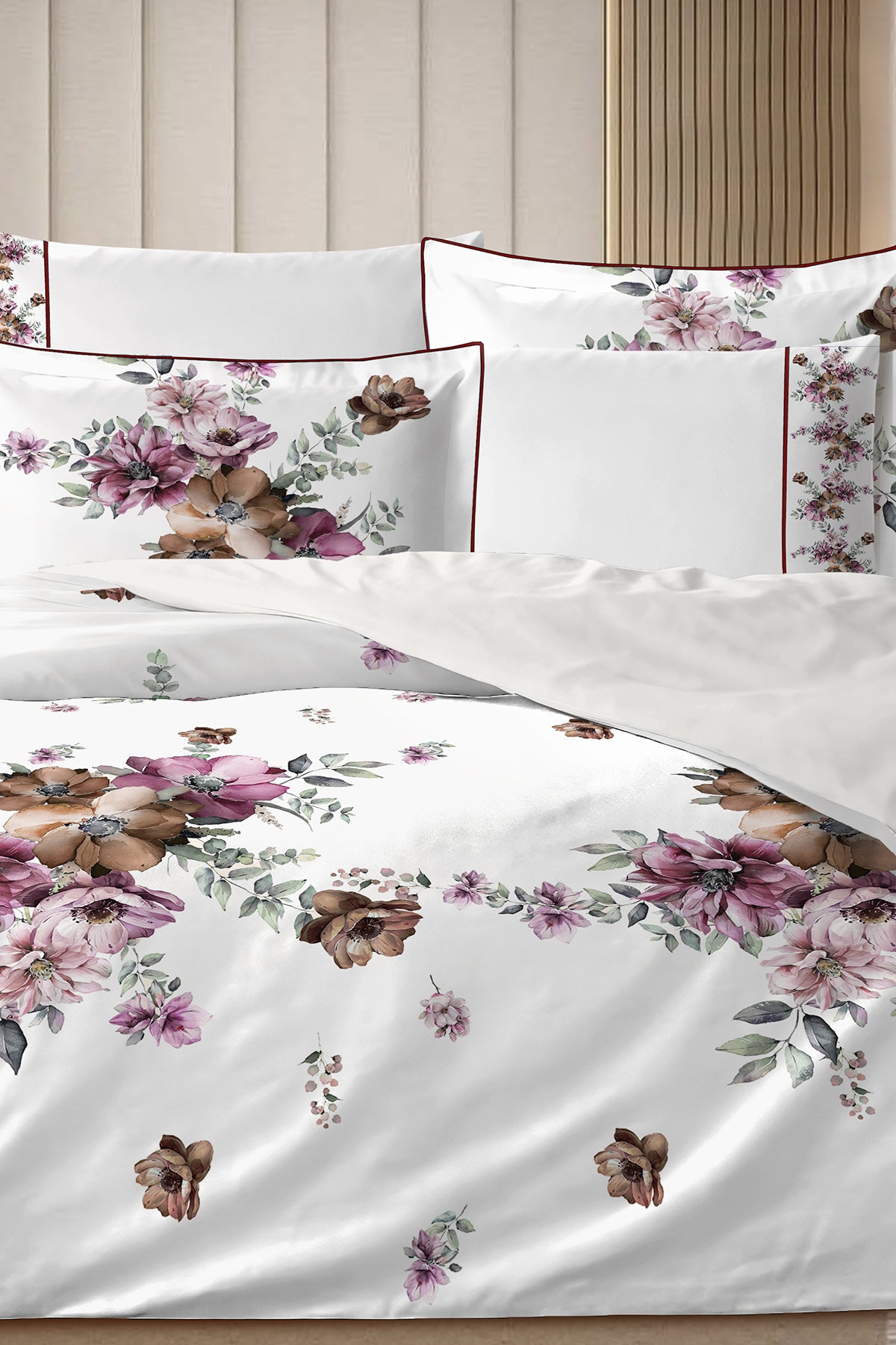 4 YASTIKLI Biyeli %100 Pamuk Percale Nevresim Takımı Çift Kişilik-Premium Özel Üretim Rose