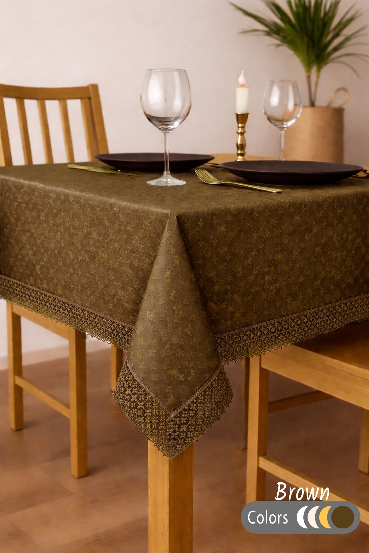 Ütü Gerektirmez & Jakar Dokuma Dertsiz Kumaş – Dantel Detaylı Şık Masa Örtüsü-Kahverengi
