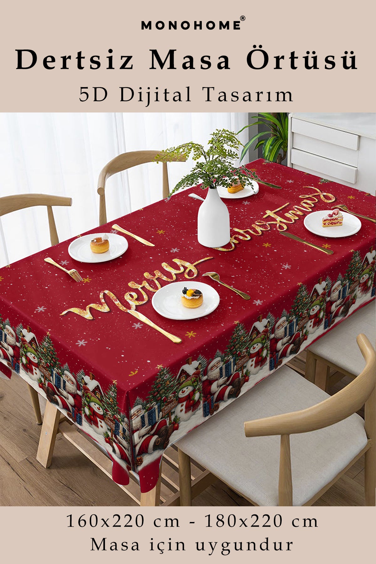 Christmas Masa örtüsü Yılbaşı- 5D Dijital Tasarım Özel Dokuma Merry Christmas Red