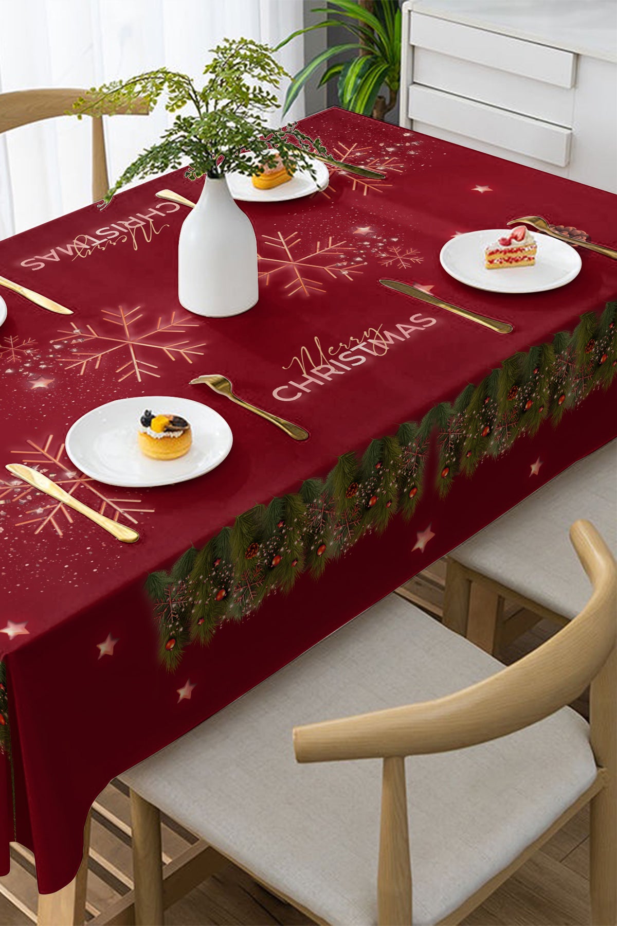 Christmas Masa örtüsü Yılbaşı- 5D Dijital Tasarım Özel Dokuma Red