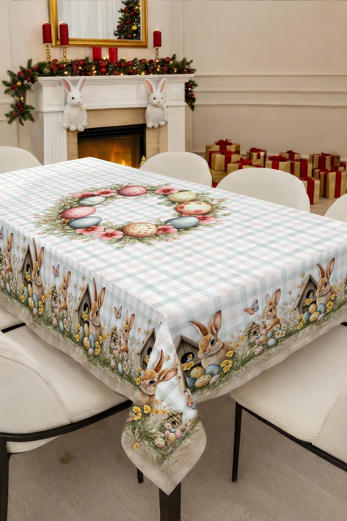 Masa Örtüsü – Paskalya Tavşanı ve Yumurta Desenli Jakar Dokuma Kumaş Dijital Baskılı