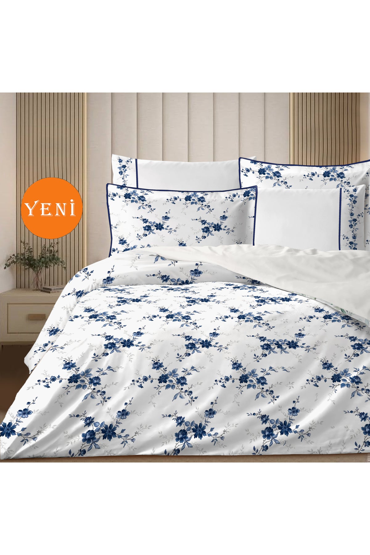 4 YASTIKLI Biyeli %100 Pamuk Percale Nevresim Takımı Çift Kişilik-Premium Özel Üretim Blue