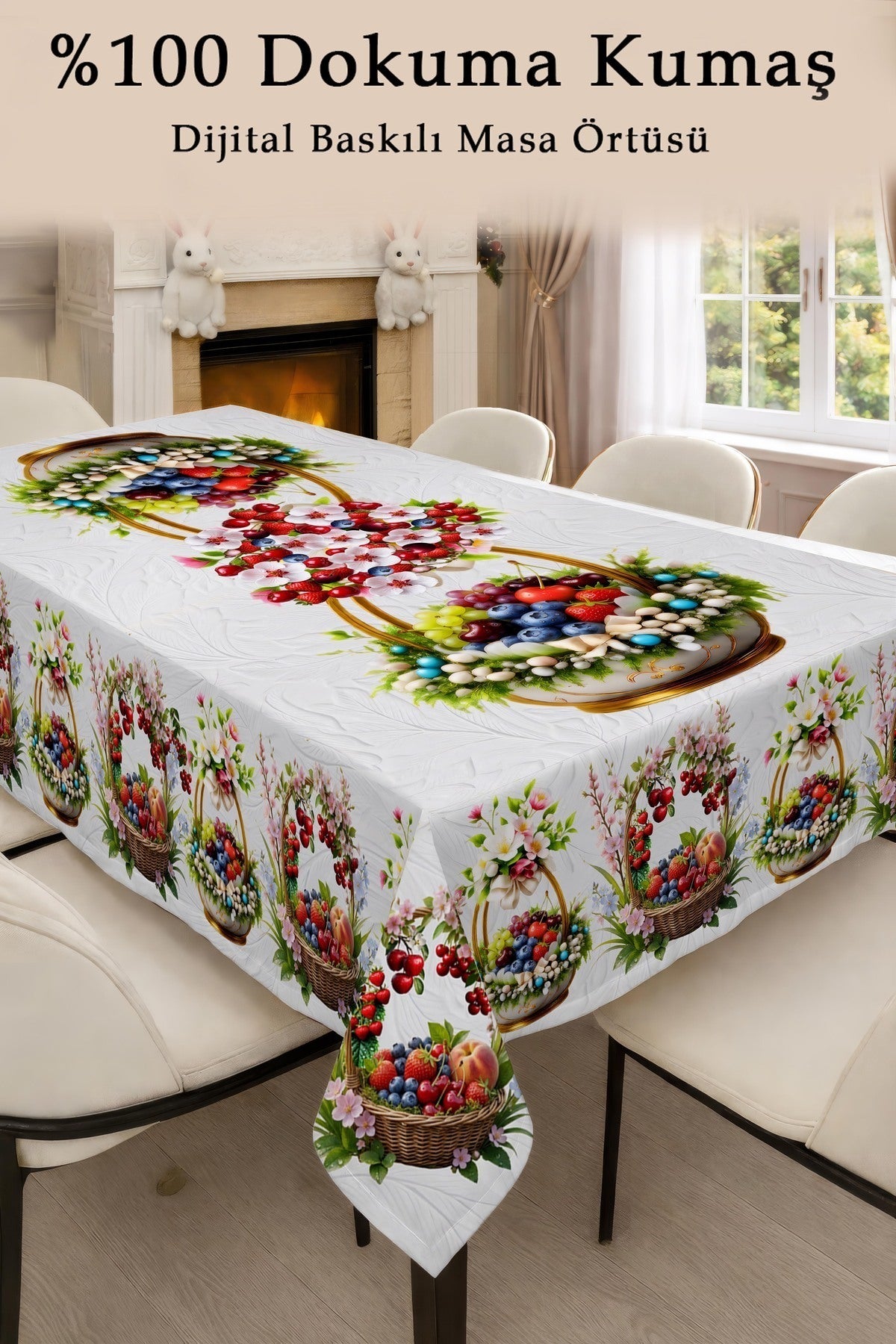 Masa örtüsü Jakar Dokuma Meyveli 5D Dijital Tasarım- Ütü Gerektirmez kumaş Kiraz