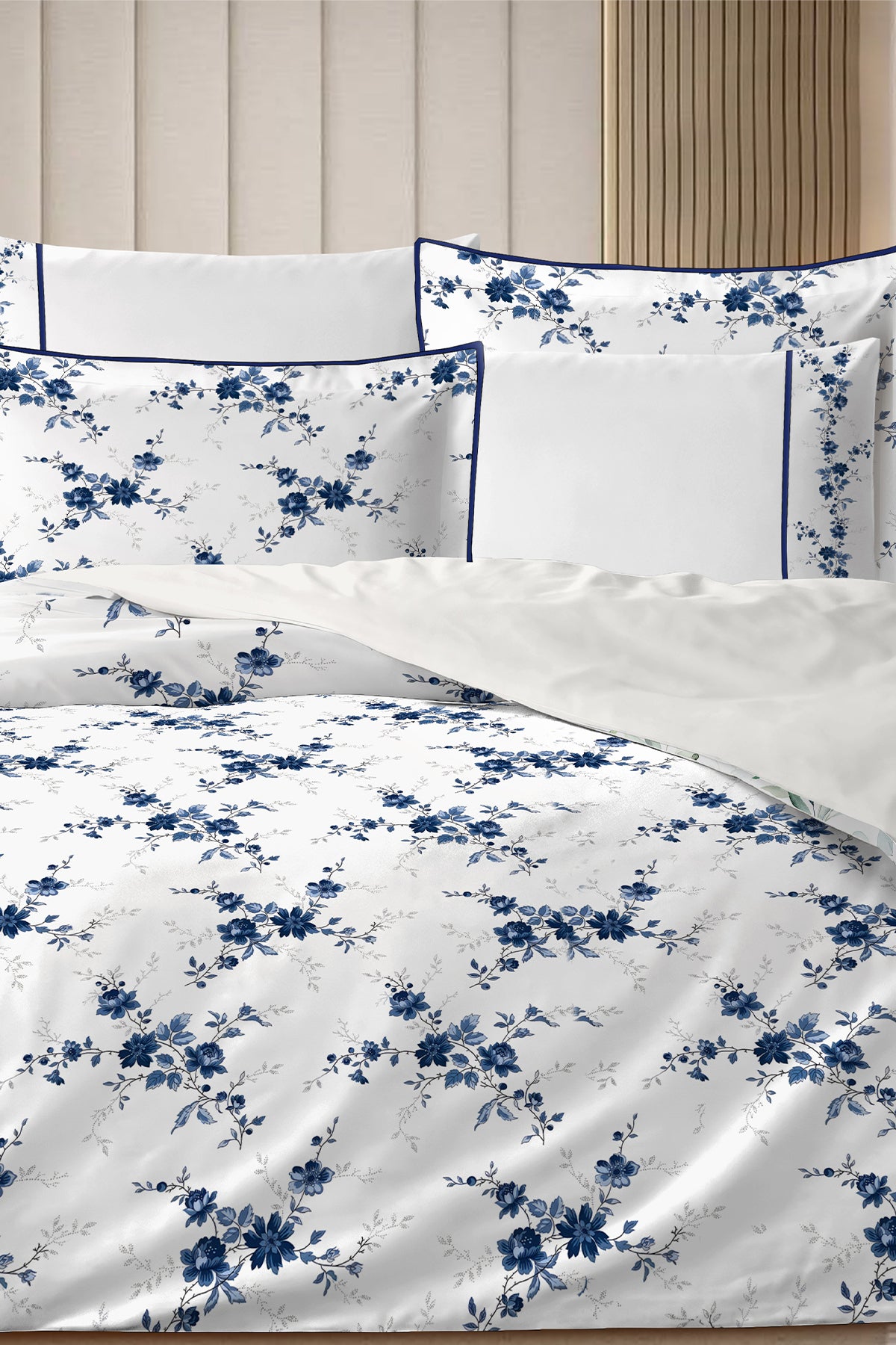 4 YASTIKLI Biyeli %100 Pamuk Percale Nevresim Takımı Çift Kişilik-Premium Özel Üretim Blue
