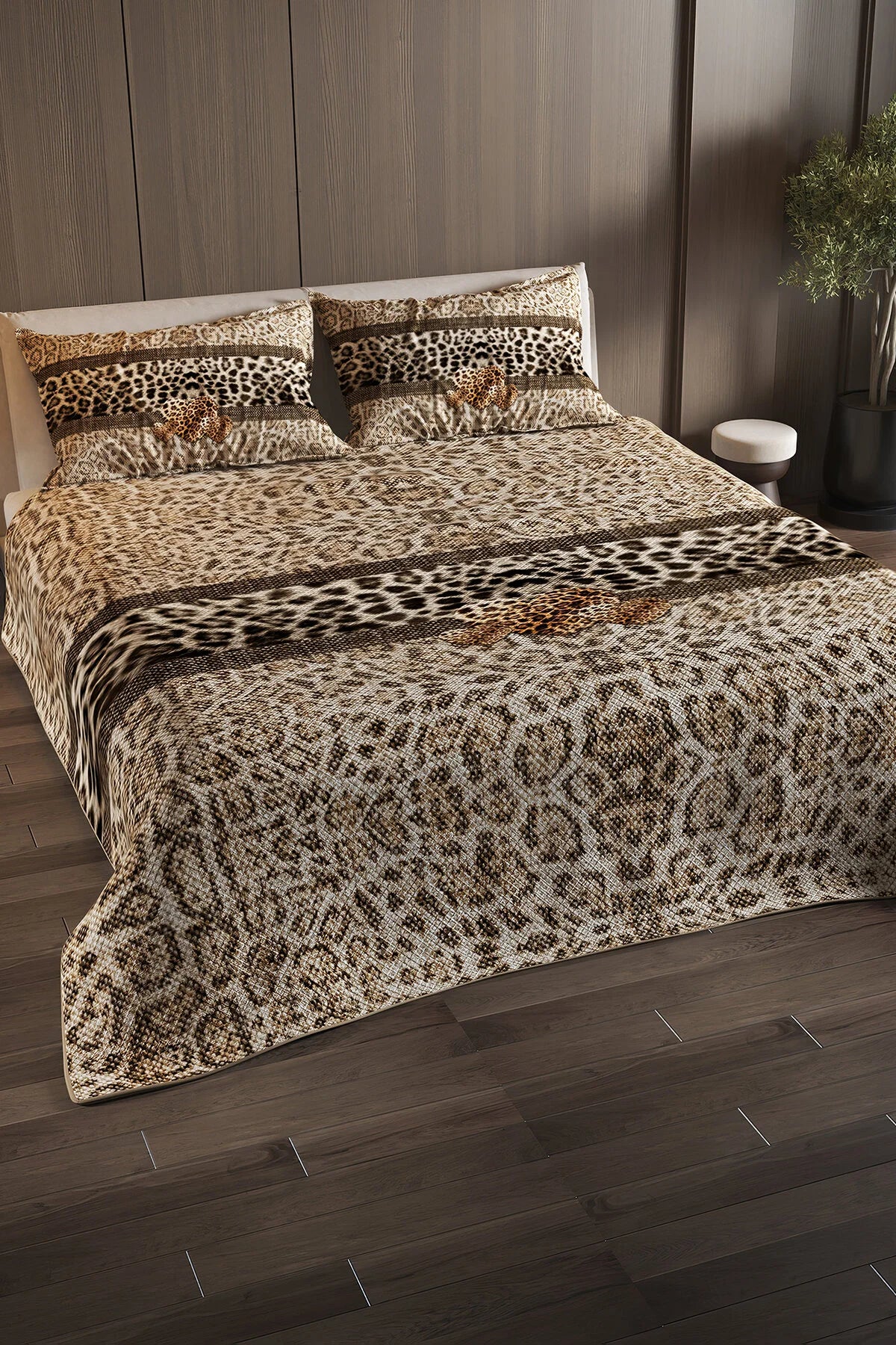 %100 Pamuk Çift Kişilik Pike Takımı Yatak Örtüsü Özel Dokuma Leopar Fabric
