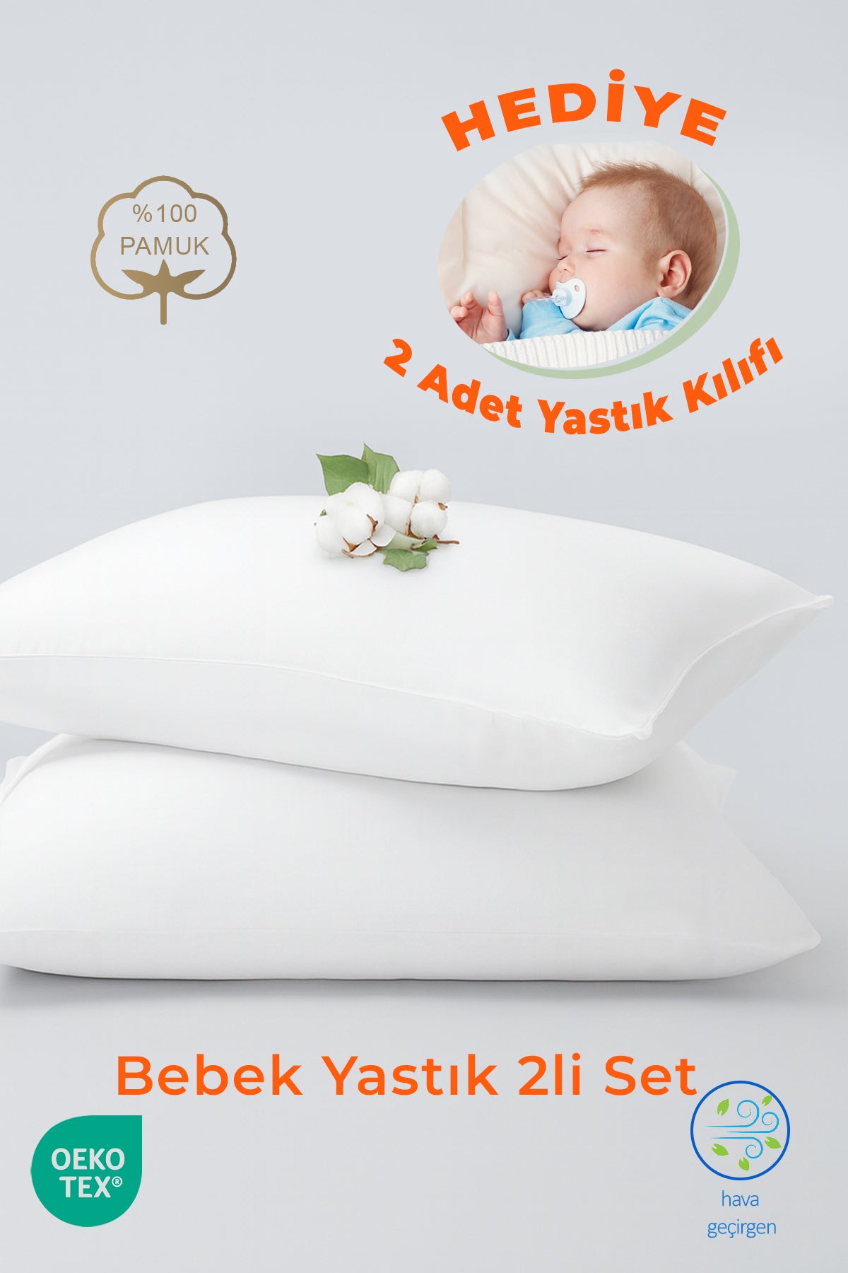 Bebek Yastığı 2’li Set 35×45 cm – %100 Pamuk + 2 Adet Kılıf Hediyesi