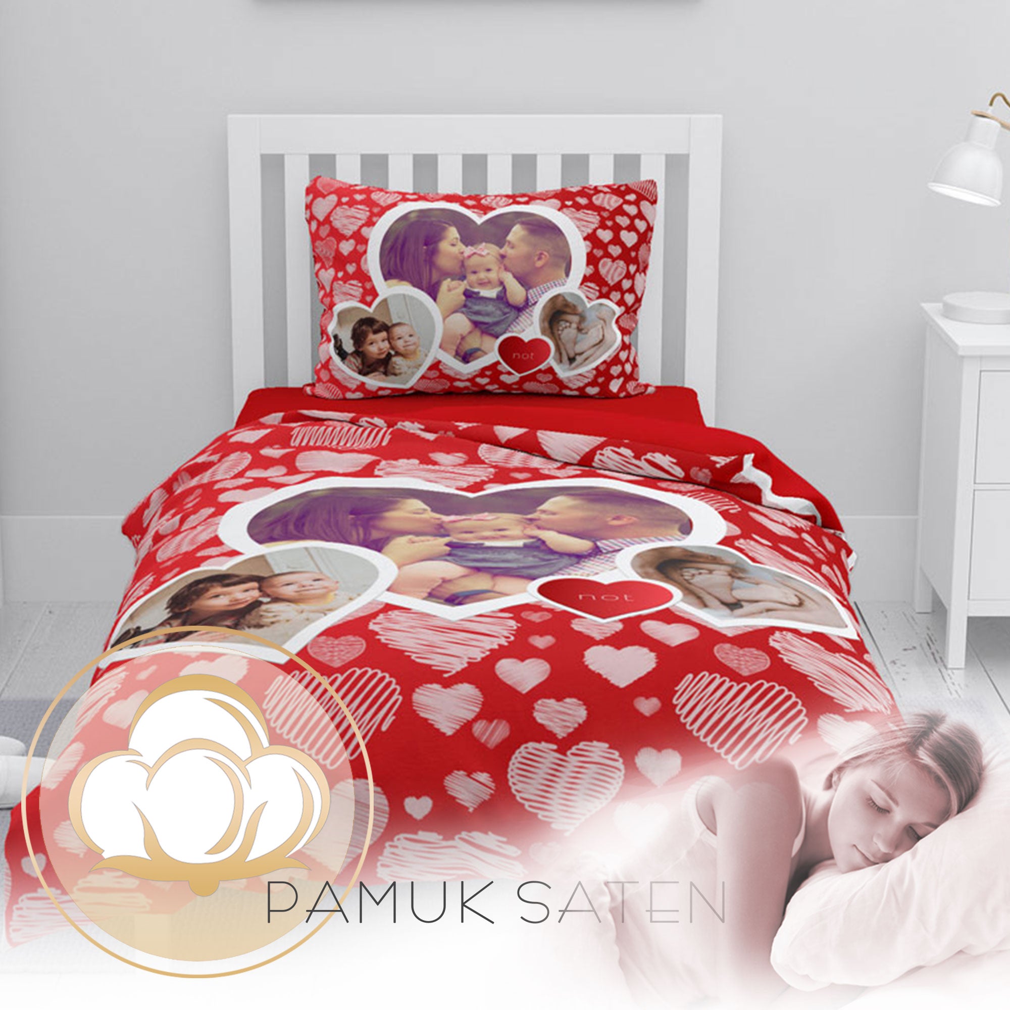 MonoHome Kişiye Özel Tek Kişilik Nevresim Takımı Red Heart