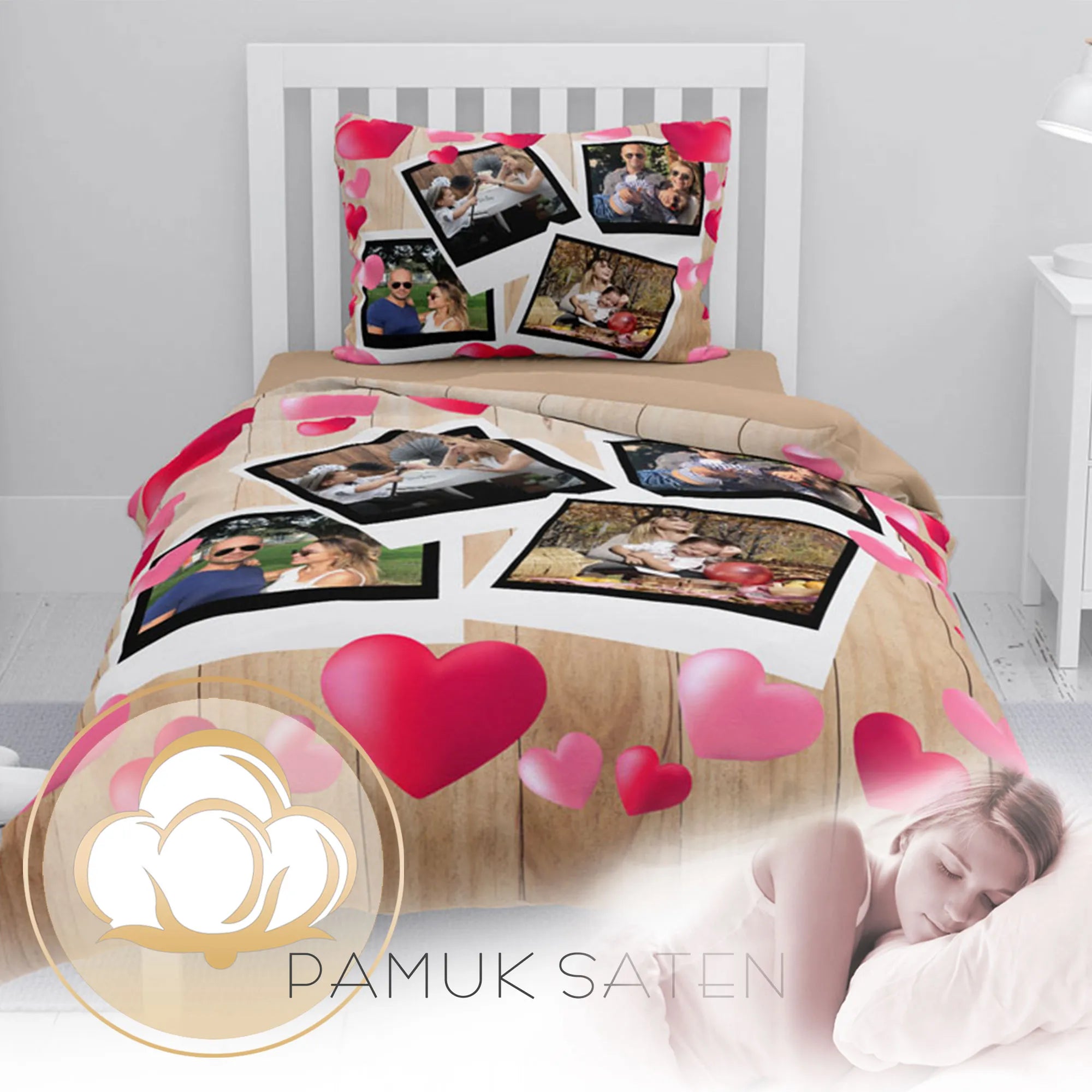 MonoHome Kişiye Özel Tek Kişilik Nevresim Takımı Red Heart Four